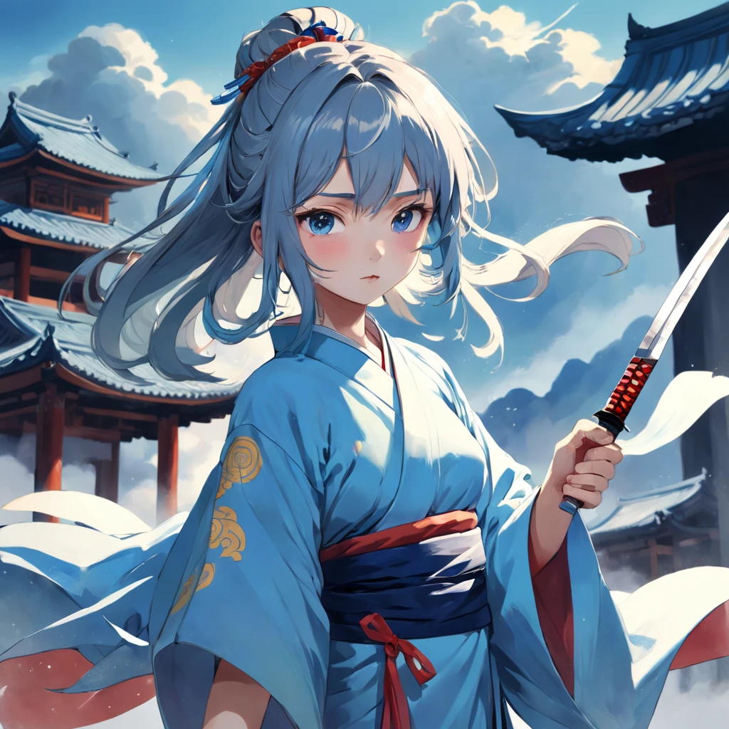 The drifting girl wears a Taoist robe，Holding a knife in his hand, his expression is relaxed and natural，The head was slightly raised，Danfeng's eyes narrowed slightly，Looking at the clear blue sky