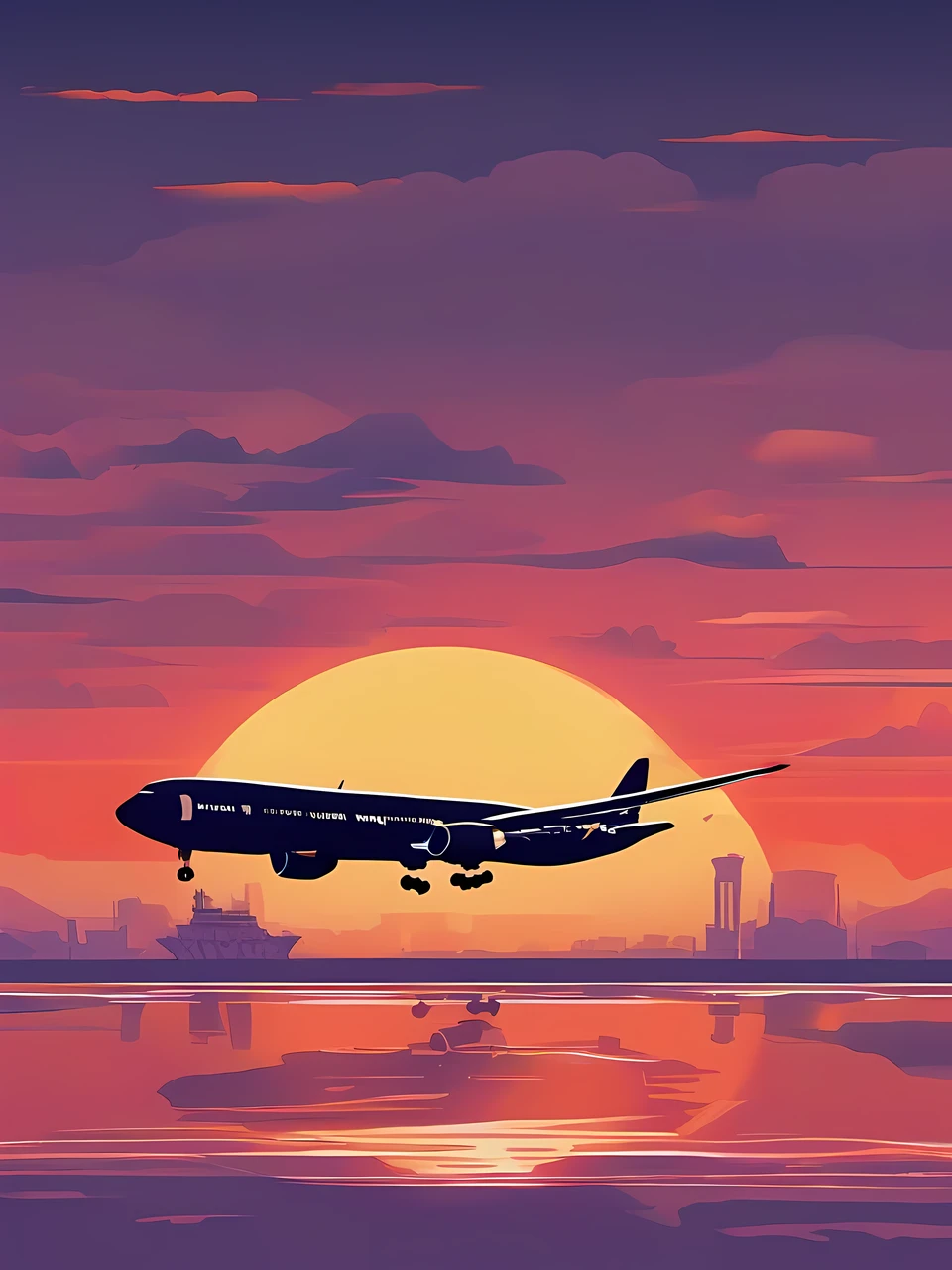 Illustration inspired by the opening of the Friday Roadshow、Location、Mare、At the venue、A ship is passing by、Big sunset on the horizon、Very big sunset、A passenger plane is passing in front of the setting sun、Silhouette of a passenger plane、Airliners are、B-747、Dyed background of sunset、Very nicely dyed background、