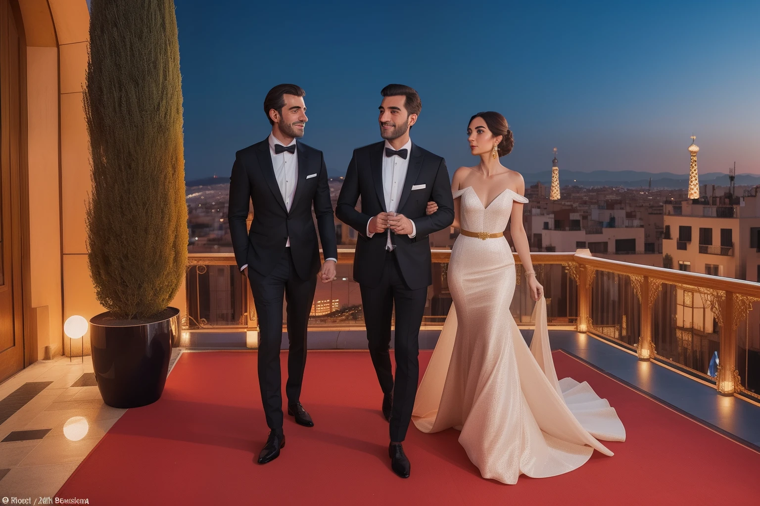 Year: 2022
Country: Spain
Description: In the vibrant city of Barcelona, a sophisticated couple attends an elegant evening event on the rooftop of a Gaudí-inspired building. The woman wears an exquisite gown, and the man sports a tailored suit as they enjoy live music and panoramic city views.
