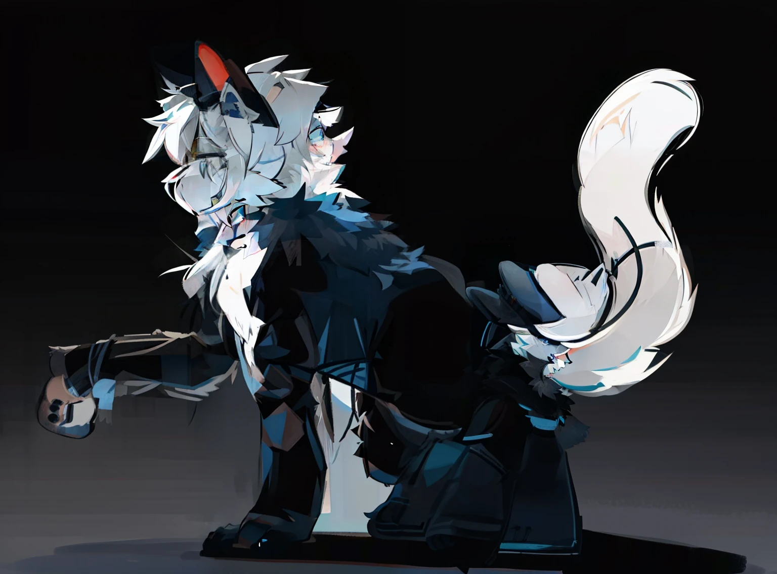 Furry, a sexy white wolf in the middle of the sea at night. Thigh tattoos, light tattoos. The body is a small man, 140cm tall.