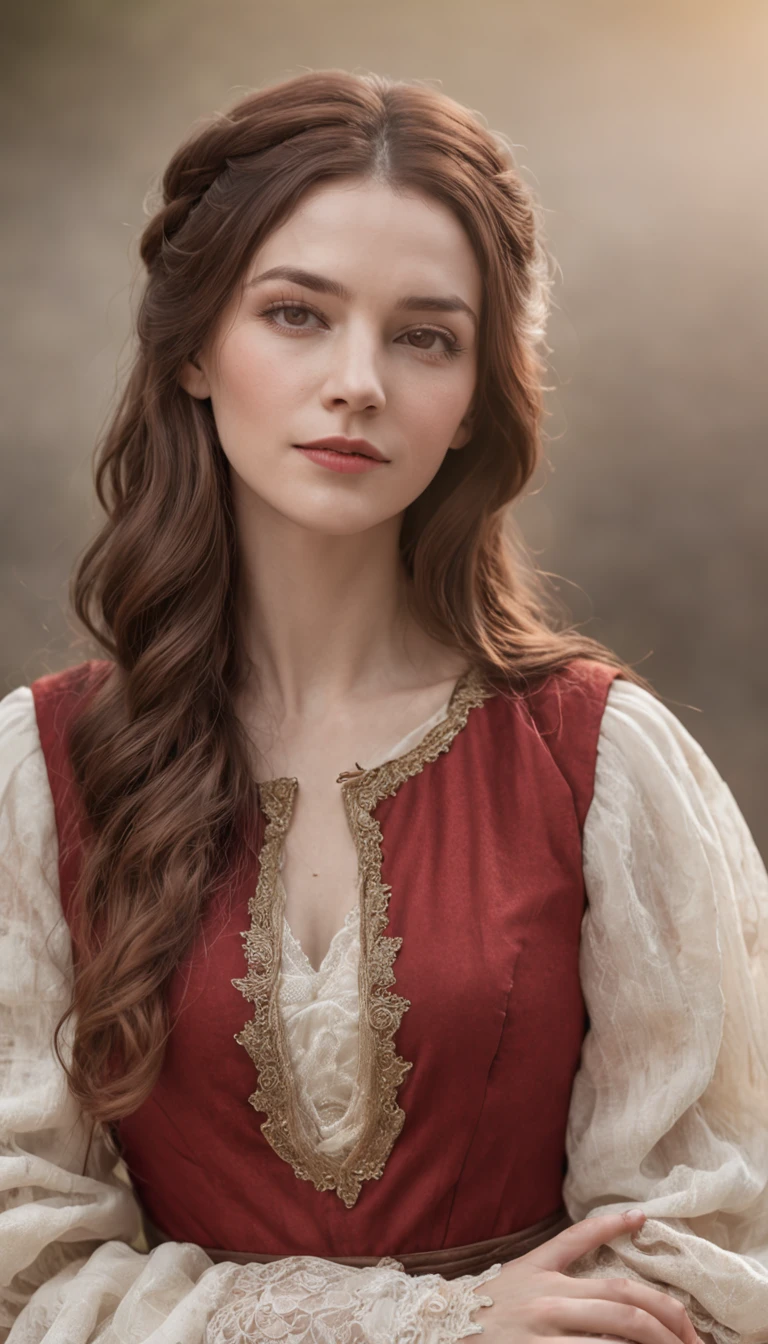 (realistic oil art, image up to the waist, 40-year-old woman, brown hair, long wavy hair), medieval clothing, rich dress, medieval dress, red-and-white dress, critical camera, blurred background, warm light, more details in clothing, strong leftovers, normal pose, lady