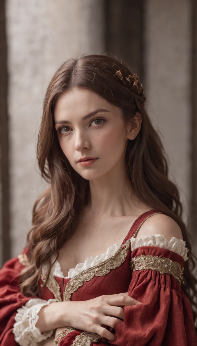 (realistic oil art, image up to the waist, 40-year-old woman, brown hair, long wavy hair), medieval clothing, rich dress, medieval dress, red-and-white dress, critical camera, blurred background, warm light, more details in clothing, strong leftovers, normal pose, lady