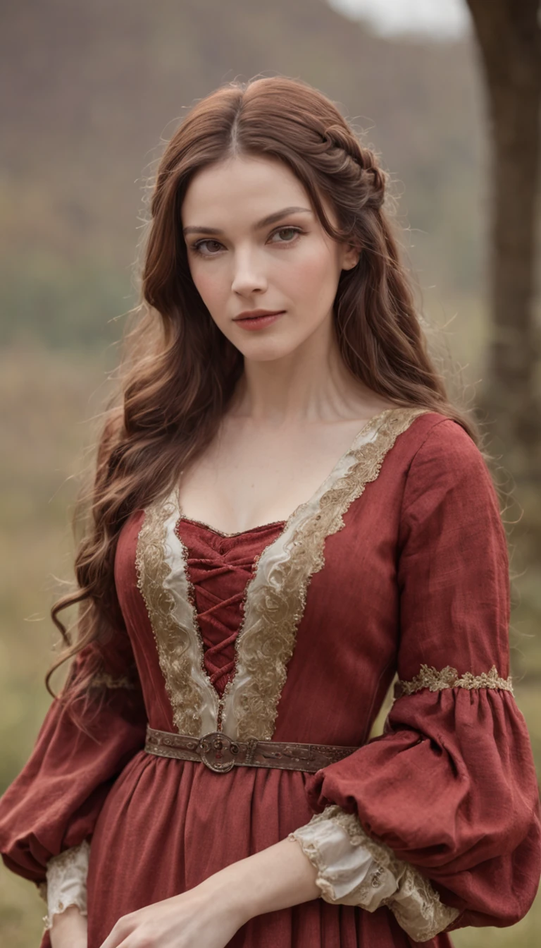 (realistic oil art, image up to the waist, 40-year-old woman, brown hair, long wavy hair), medieval clothing, rich dress, medieval dress, red-and-white dress, critical camera, blurred background, warm light, more details in clothing, strong leftovers, normal pose, lady