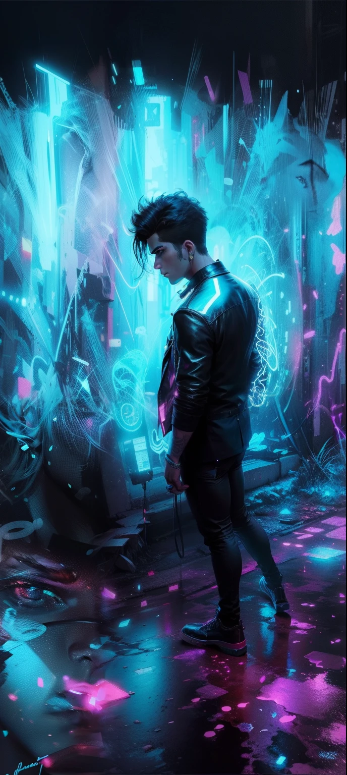 Change background neon handsome boy realistic face