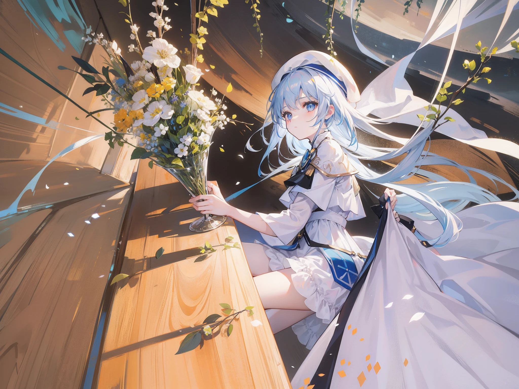 Vast grasslands, A young girl in a long white dress stood alone in the distance and looked down,Blue pupil,white beret,Delicate black stockings, Hands are naturally placed behind your back.