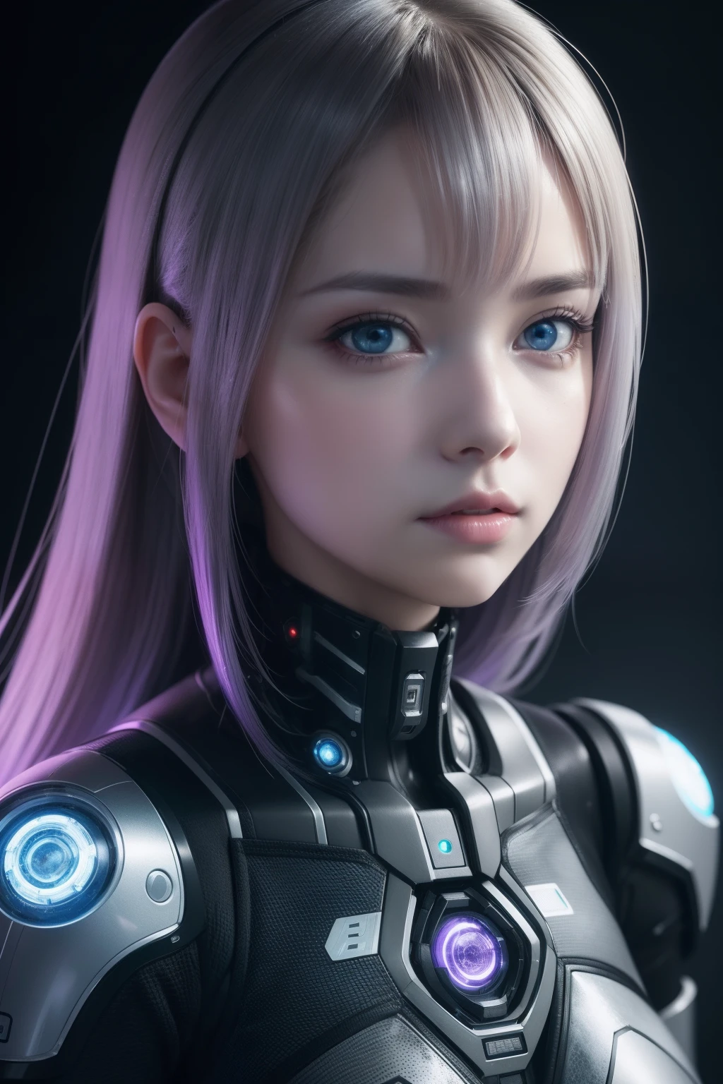 Ultra detailed mechanical cyberpunk female android center portrait, Looking into the camera, Convoluted, Elegant, The ultra -The high-definition, Smooth, Sharp Focus, non-blur, No degrees of freedom, Extreme illustration, Non-real girl、silber hair、Purple Round Eyes、small tits