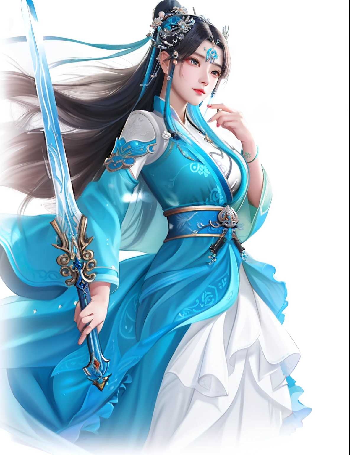 a close up of a woman in a blue dress holding a sword, G Liulian art style, inspired by Ju Lian, Inspired by Lan Ying, zhao yun, inspired by Du Qiong, inspired by Li Mei-shu, full-body xianxia, Yun Ling, heise jinyao, Inspired by Li Tang, a beautiful fantasy empress