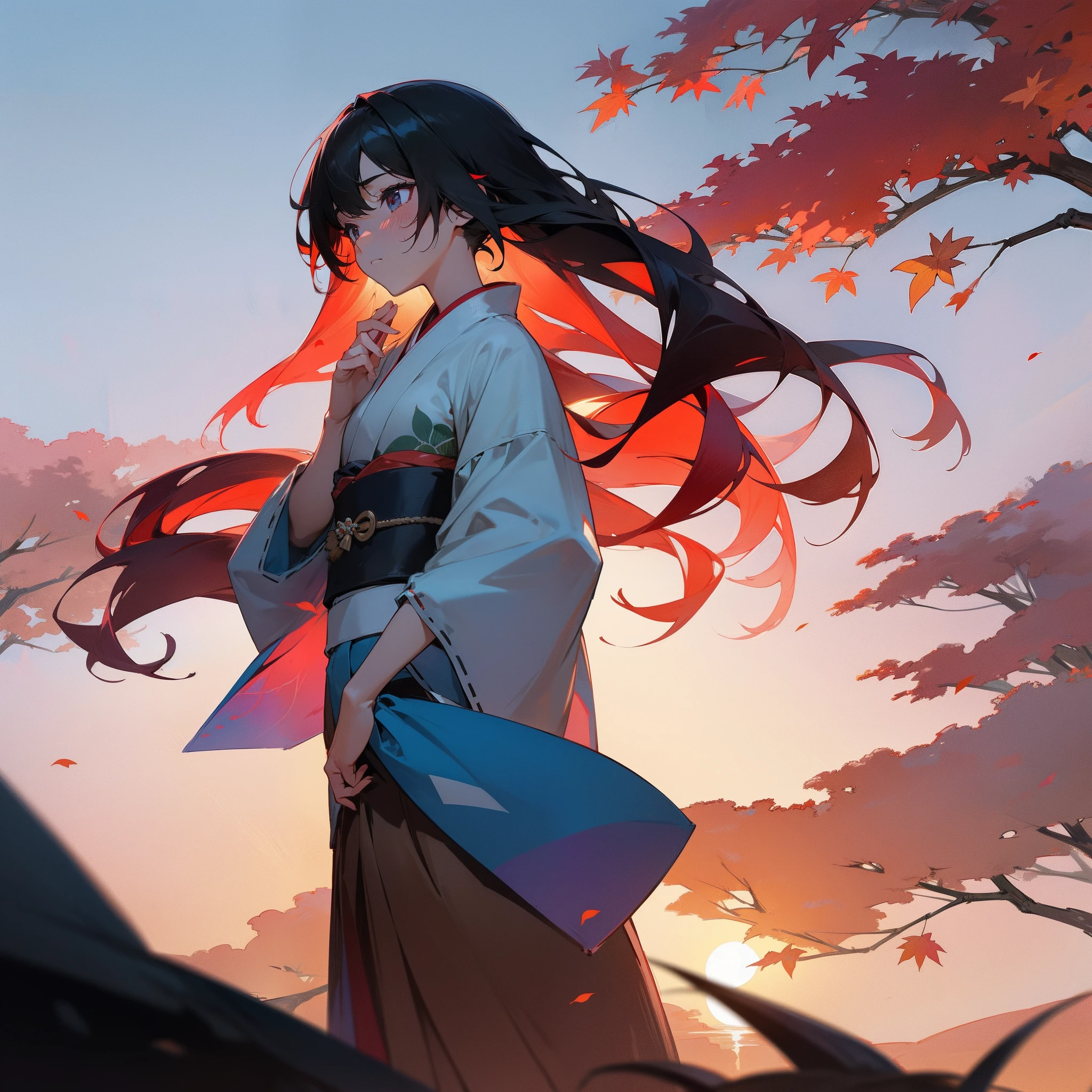 For a beautiful and beautiful sky、Beautiful sunset。Below that、One Girl Standing。Her hair is colorful shades of black and red、Shines even more vividly in the light of the setting sun。Behind her is、A large tree with a pagoda.、Many autumn leaves are fluttering in the wind。She wore a kimono.、There is a faint sadness expression on his face.。This moment is、It's ephemeral but great.。