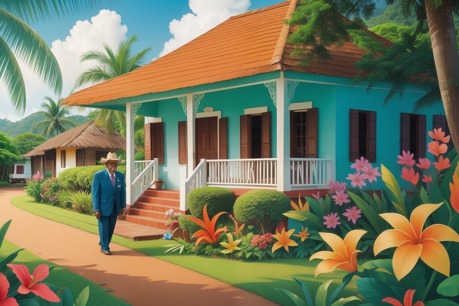Year: 2023
Country: Trinidad and Tobago
Description: In the quaint village of Charlotteville on Tobago, an elderly gentleman in a dapper suit tends to his meticulously maintained garden. His colorful tropical blooms and topiary animals bring a touch of whimsy to the tranquil coastal town.