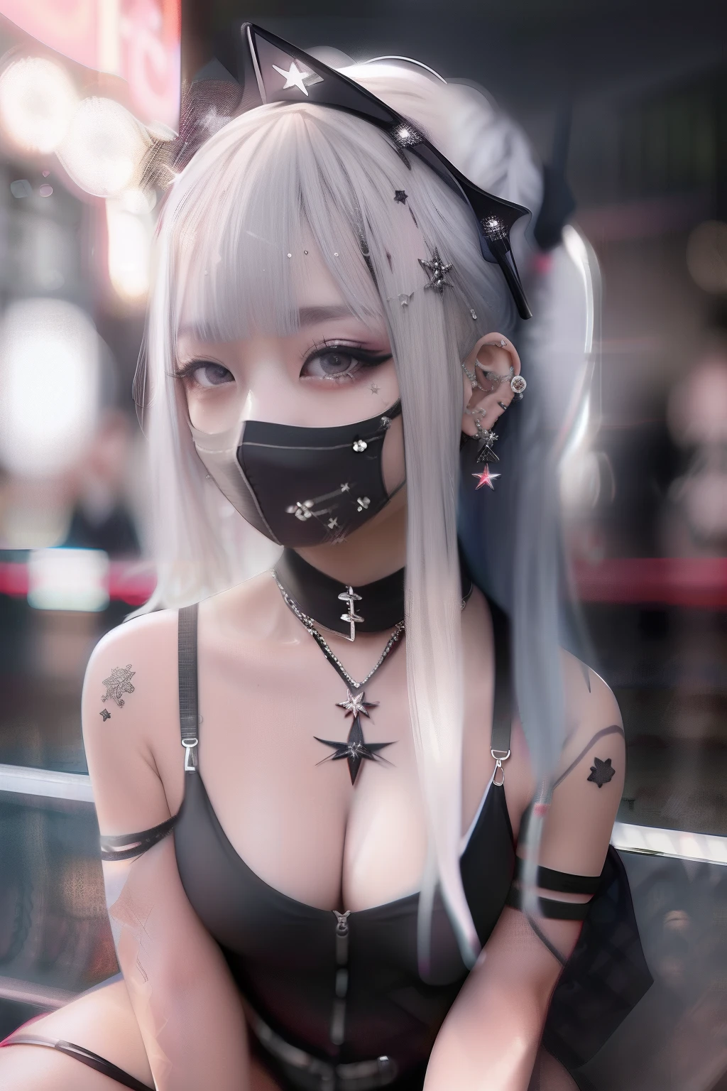 Black Bikini、A dark-haired、shortpants、Beach、sand beach、The bikini、swim wears、body piercings、The tattoo、Huza、Sit up、Black and red mesh hair、goth_punk, 1girl in, 独奏, medium shot,  ((during night)), bokeh dof, Neon light, Iridescent eyes, starrysky, White shiny hair, White eyebrows, Radiant hair, (iridescent white hair), 耳Nipple Ring, bangss, jewely, bluntbangs, verd s eyes, blurry backround, bblurry, hair adornments, Look at viewers, shorth hair, portraitures, side locks、masks