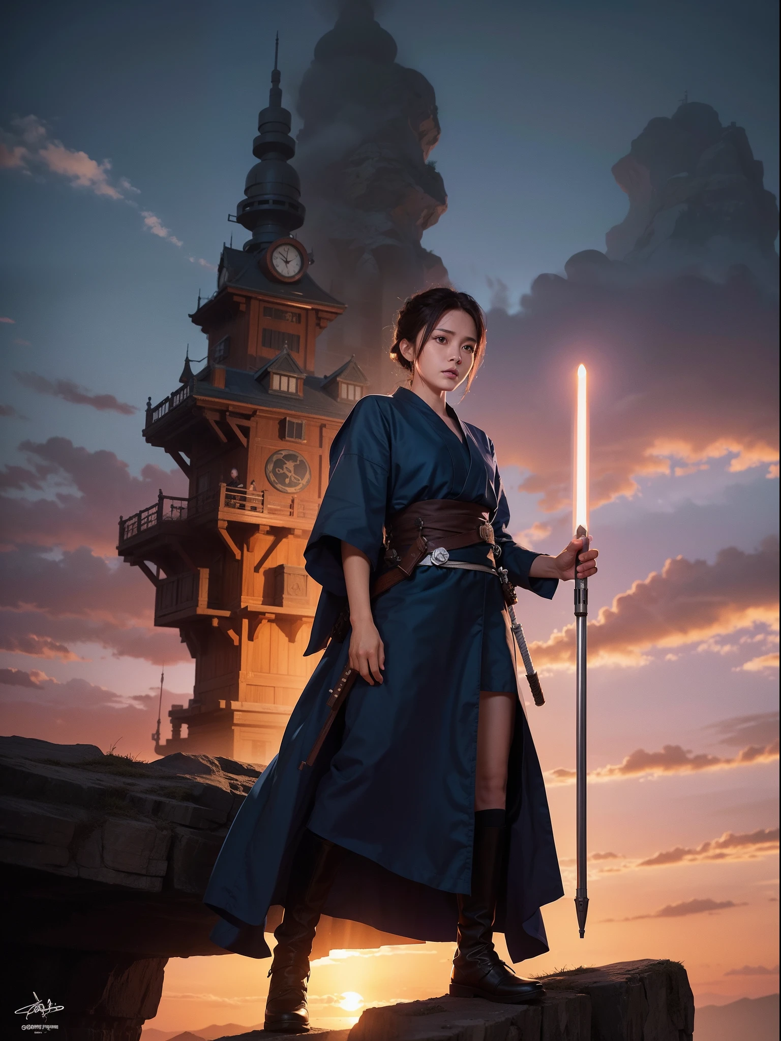 "A jedi knight in the style of Ghibli, with intricately detailed artwork and concept art, inspired by WLOP's signature style, set against a vibrant sunset."