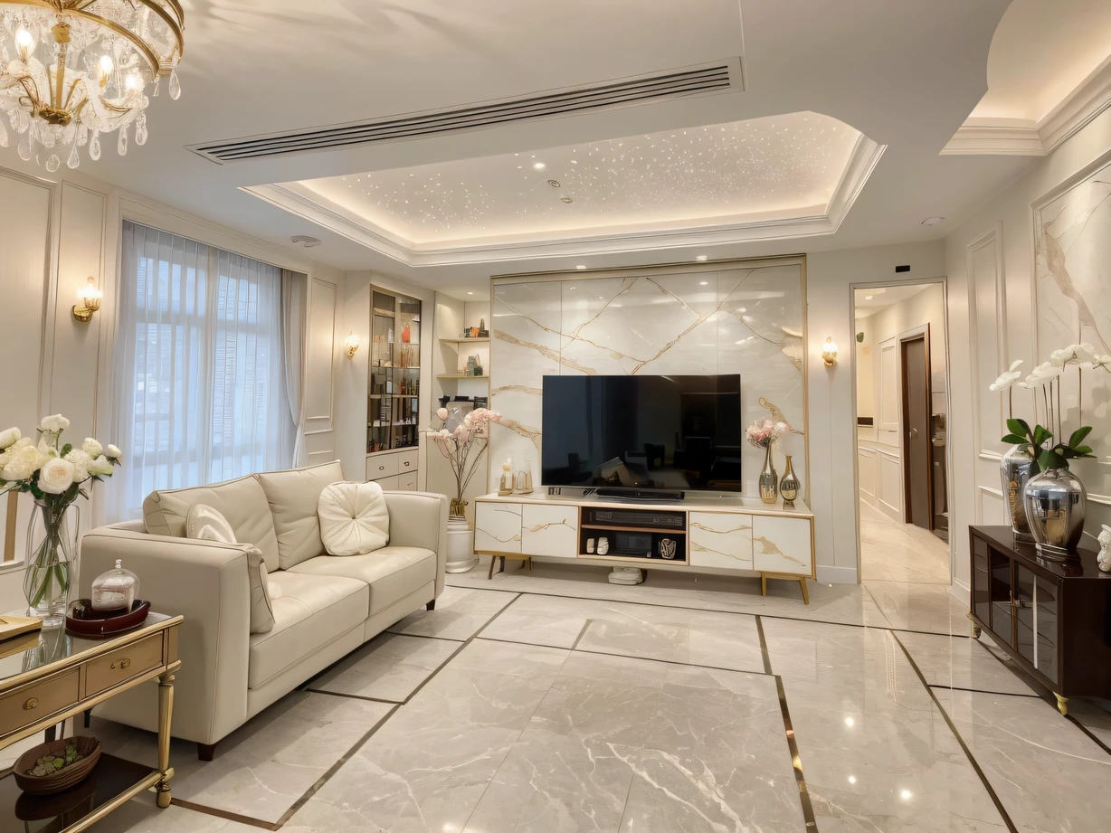 ,masterpiece, best quality,8k, ultra highres,The decoration effect of the living room is like synchronizing into fairyland。Colorful wallpaper depicts gorgeous flowers and flying butterflies,The lights on the walls resemble stars in the starry sky,Shimmering with a warm glow。Soft cashmere blankets are placed on comfortable sofas,Let people feel the incomparable warmth in the cold winter。The floor has smooth marble floors,Step on it as if walking on the clouds。A delicate wine cabinet is set against the wall,Inside, you will find a variety of famous liquors and liquor,The aroma is fragrant。The entire space is filled with luxury and romance,It makes you feel like you are in a dreamy garden。