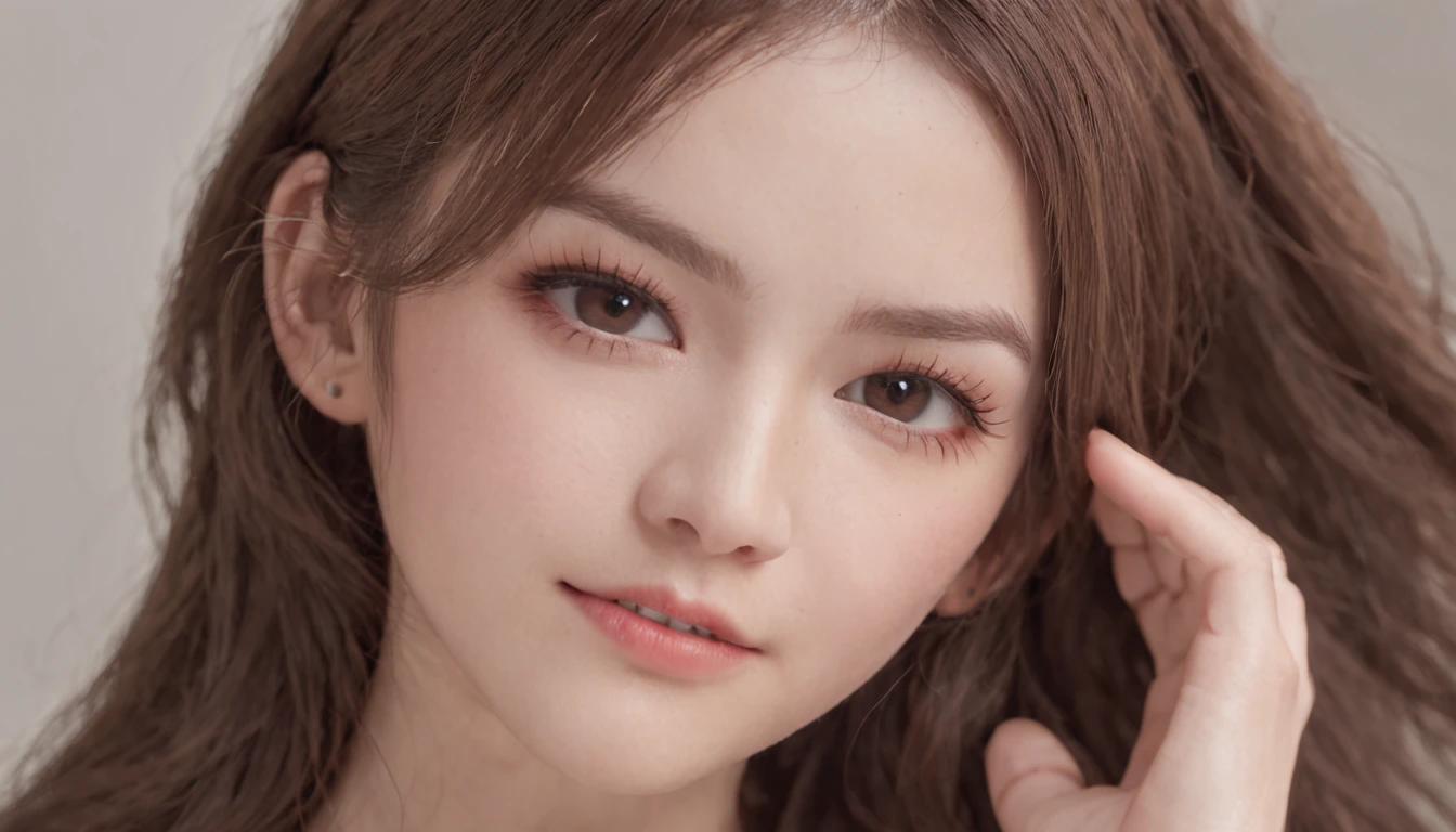 brunette color hair、whair、wince、long eyelasher、Solid round eyes、fakeanimalears、Light smile、Ear blush、fang、ultra-realistic realism