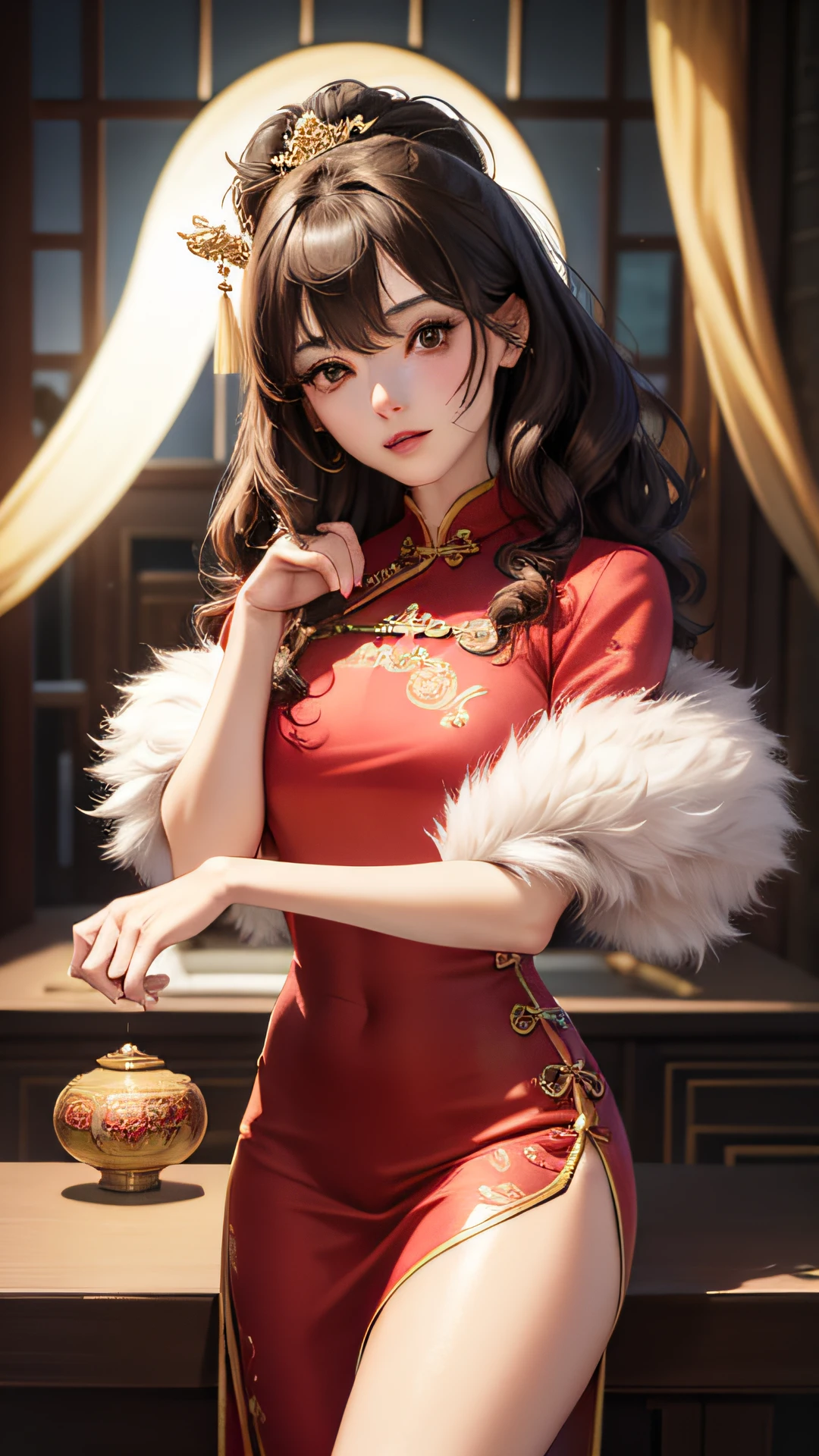 Best quality, (RAW photo: 1.2), (Masterpiece: 1.4), (Realistic: 1.4), (High resolution: 1.4), Chinese actress Gulinazha, depth of field, intricate details, 8k, very detailed, perfect lighting, epic background, big bust 1.3, cheongsam, large open 1.3 ((chest exposed)), perfect legs, red panty ,