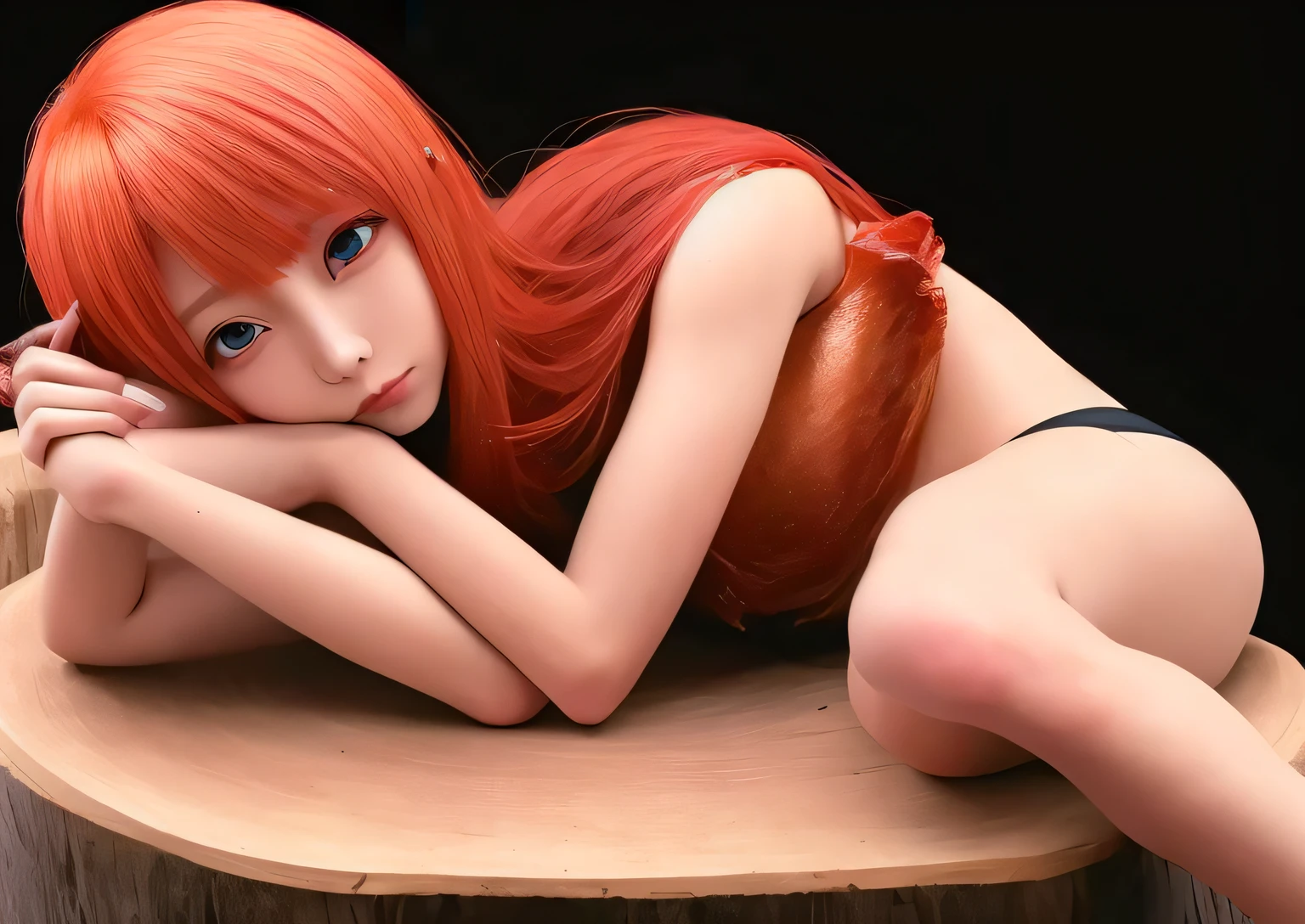 Anime beauty who becomes according to the color lies on a wooden bed