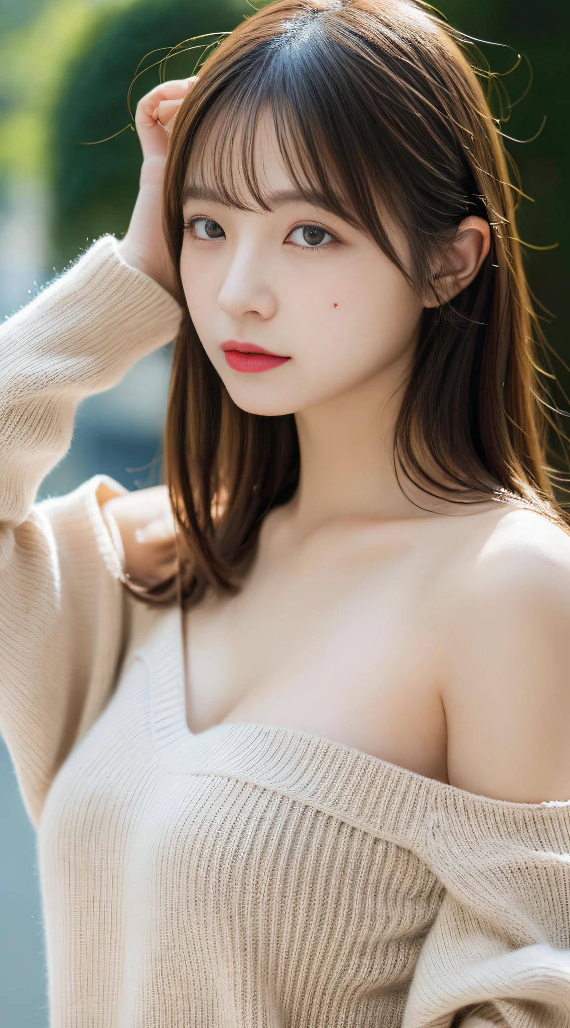 masutepiece, Best Quality, Illustration, Ultra-detailed, finely detail, hight resolution, 8K Wallpaper, Perfect dynamic composition, Beautiful detailed eyes, Knitted dresses,off shoulders,Full body,Natural Lip, Big breasts, Random sexy poses,cleavage、Korean、Mole in the mouth