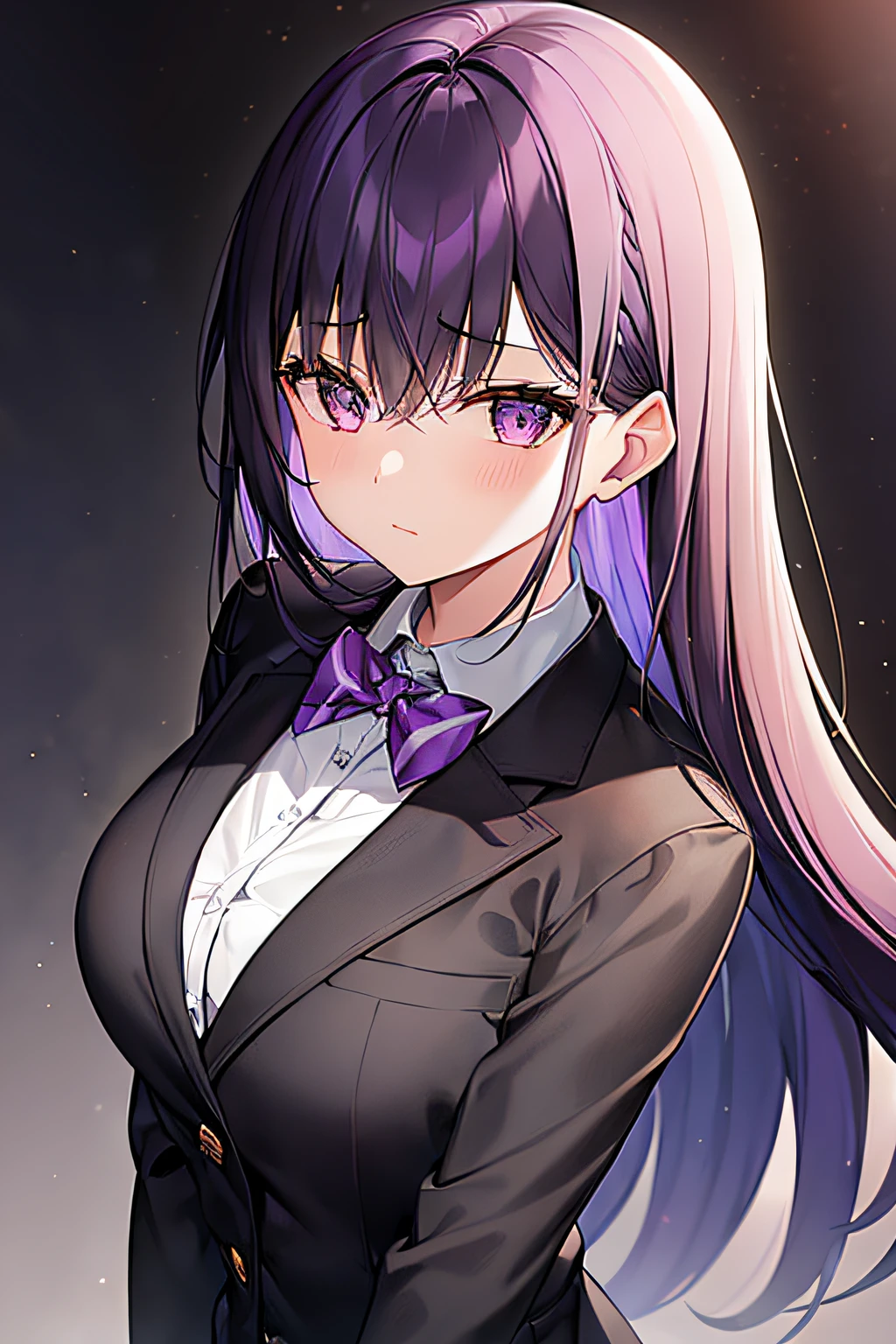 a girl with a dark purpled hair wearing black blazers and black fancy clothes