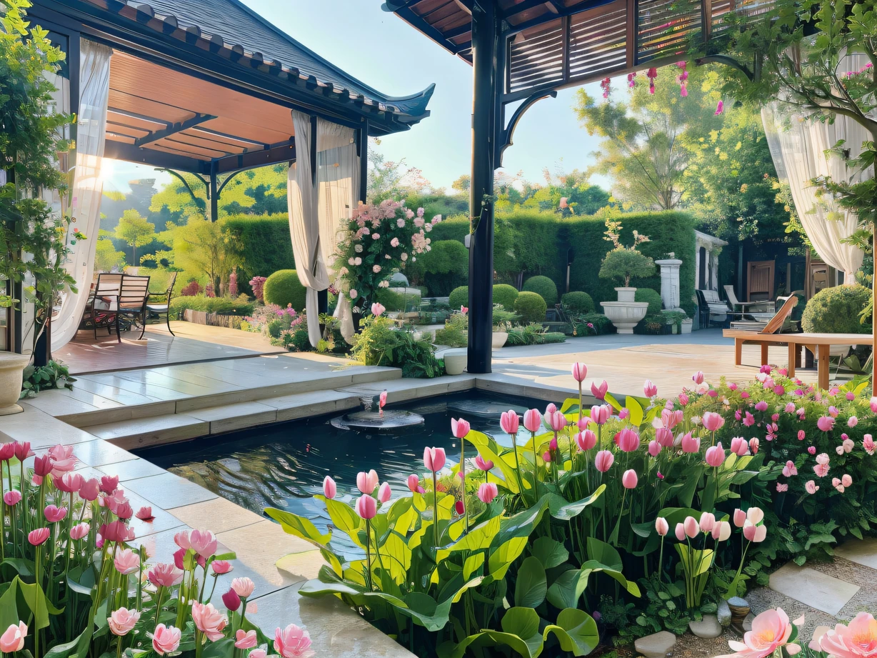 ，masterpiece, best quality，8k, ultra highres，The courtyard is an oasis of living，Every inch of the land has been carefully designed。Rockery waterfalls cascade down from among the verdant trees，The ripples of water droplets reflect the radiance of the sun。Flowers and herbs are planted outside，Exudes a burst of fragrance。There is also a chic gazebo in the garden，The pavilion is furnished with mahogany furniture，For people to rest and enjoy tea。Behind the sofa is a small outdoor pool，Pink lotus flowers float on the surface of the water，It feels like a paradise。In this beautiful and fantastic courtyard，People can enjoy nature's bounty to the fullest，Feel the beauty and livability of life。