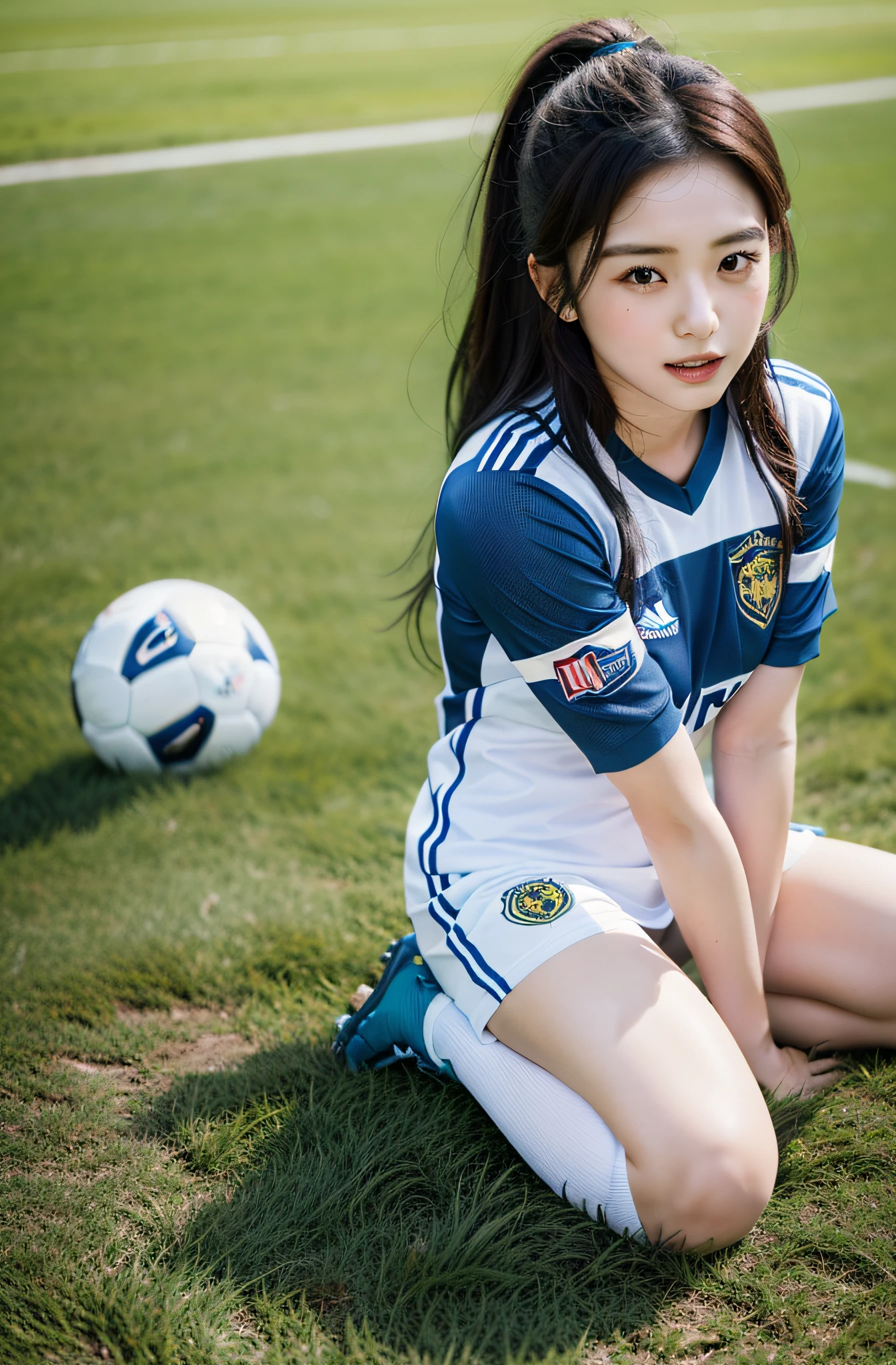 on a soccer field, Eri Kamei is confident in her form as a soccer player々standing at. She is decorated with essentials: uniformss, Soccer Cleats, Shingard, Jerseys proudly displaying the team's emblem or logo and jersey number. Perhaps she is a captain, As indicated by the armband. A soccer ball is placed near her, Waiting for the next move. A video that fuses the athletic ability of soccer with the adorable aura of an idol. The lighting should be natural, Imitate a day in the field, Shadows add depth. The color palette is、It is necessary to emphasize the green of the grass and the shade of her uniform. The shot should be taken from a medium angle, Capture her essence at the age of 16:9 aspect ratio. Aim for an ultra-realistic look, Ensuring every detail, From her hair to the blades of grass, Display in 16K resolution. --ar 16:9 - V5.1 --Style raw --Q 2 --S 750