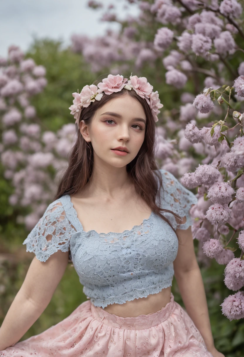 menina fada, wearing a crochet top, crochet top, fofo, baby blue, aesthetic, pastel, cores pastel, cropped, flores, borboletas, fairycore, goblincore, fada, elfo