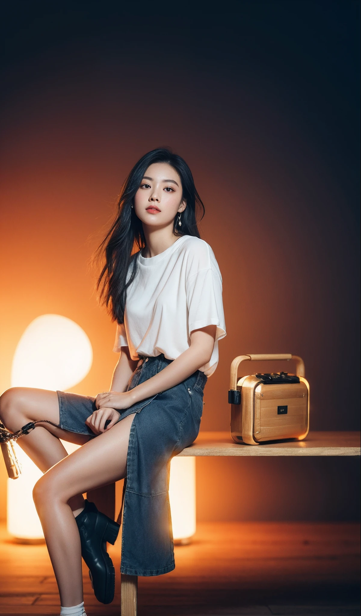 (8K, RAW photos, best qualtiy, Mastery:1.2),(Realistis, Photo - reality:1.37), ((best qualtiy)), 超高分辨率, Ultra-detailed CG unified 8K wallpaper,A beautiful girl,,Thin,holding a mic,asiagirl,High quality skin texture,Physics-based rendering,电影灯光,full bodyesbian,solid color backdrop,white backgrounid