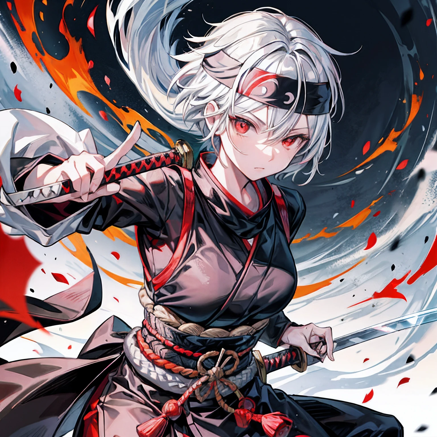 Anime girl with white hair and black outfit holding a sword - SeaArt AI
