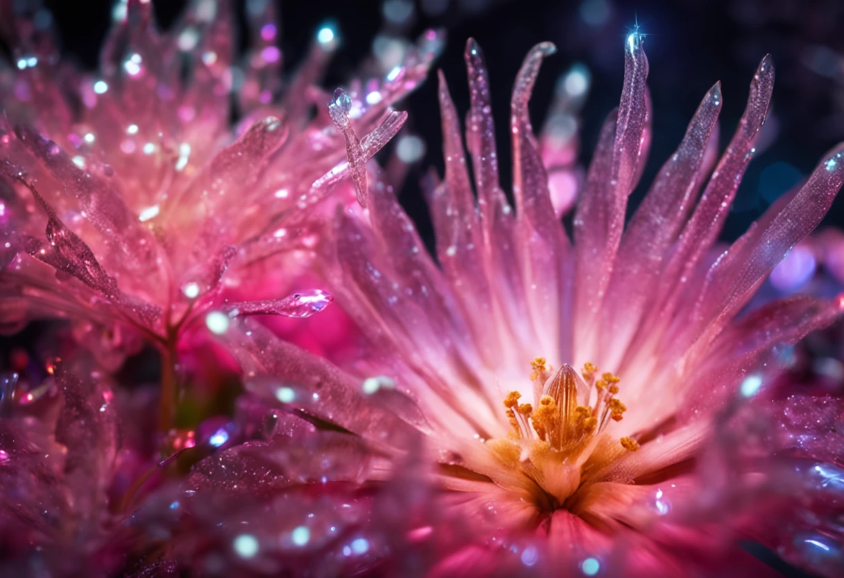 Crystal flowers, fanciful, milky ways, cleanness, Sparkling, Sparkling, Shining, Coloring, magic photography, The lighting is dramatic, Foto realism, ultra - detailed, 4K, depth of fields, A high resolution