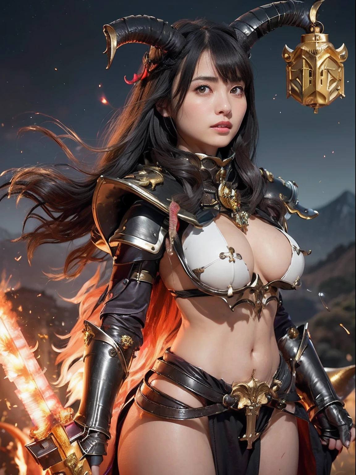 Professional , masterpiece、top-quality、photos realistic , depth of fields 、(A dark-haired) 、(Gemstone White Metal Body:1.4),(Matte Black、Jewel Gold Weapon、(maikurobikini),Gorgeous metal weapons ,Particles of light、(Fight dragons)、(Black wings)、(( Detailed and gorgeous sword of the brave)) ,Light Effects、intense fighting、Wind-effect、magic circles、 (A dark-haired) ,Fight soldiers with skeleton armor ,Detail and ornate jewel crown、With the legendary magic wand、Dragon's tail、explosions、((maikurobikini))、((Gangle's forest background))、Beautiful Caucasian beauty、1a person、dynamic ungle,(((Details of the two demon horns on the head)))、Smaller head、A smile、Background inside the castle、Thin and beautiful female hands、cleavage of the breast、Soldier in iron armor on background、Mystical expression、Light Effects、Wind-effect、With the legendary magic wand、(wingspan)、Toostock、Anatomically correct body、