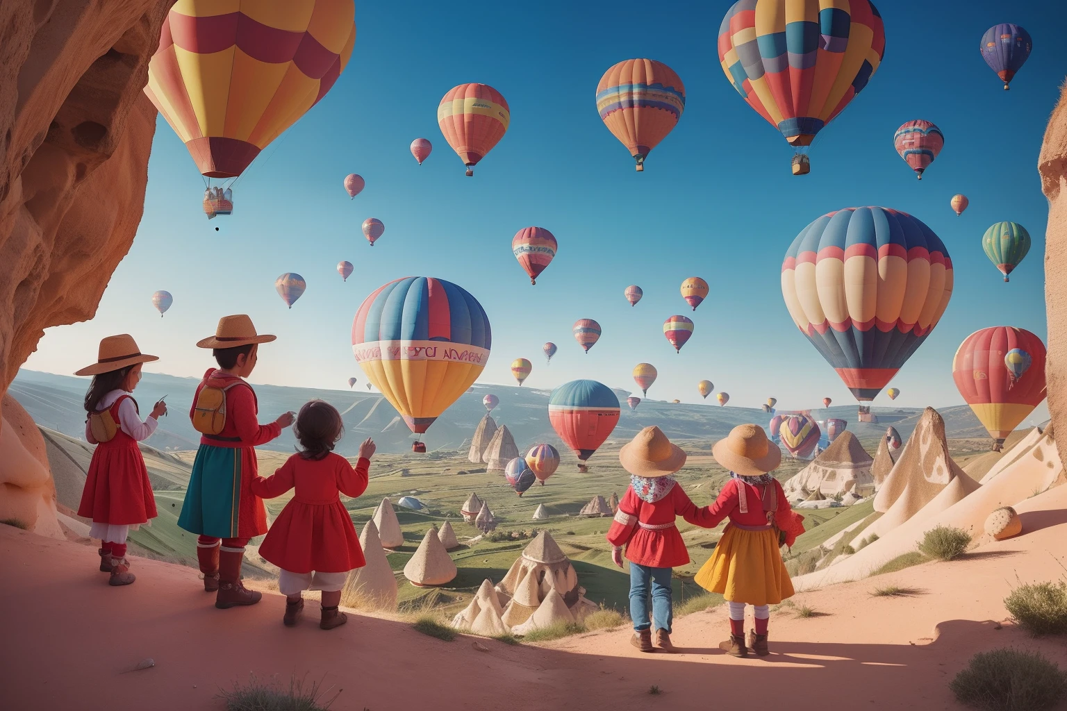 Year: 2022
Country: Turkey
Description: In the picturesque Cappadocia region, a family of five, including two children, a ten, and their parents, dons eccentric, coordinated outfits as they prepare to embark on a whimsical hot air balloon ride. The vibrant balloons float against the backdrop of the surreal, rocky landscape, creating a cinematic moment.