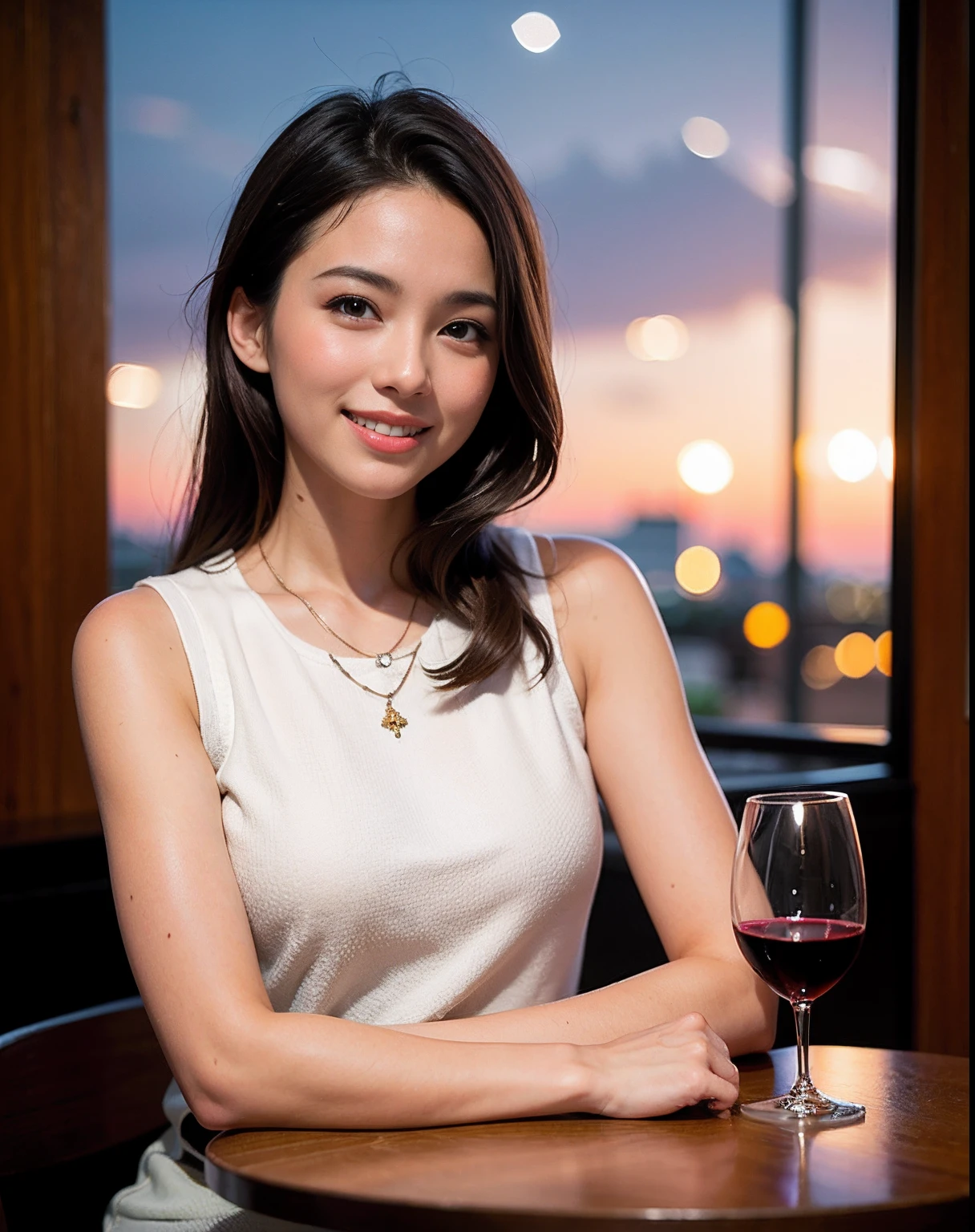 (64K, UHD, top quality, masterpiece: 1.2), (realistic, photorealistic: 1.37), super detailed, pretty woman 1 person, (slim face), (slim body), (brown hair), (short cut), cheeks slightly blushing, (44 years old), 38 years old, solo, beautiful detailed urban night view outside the window, restaurant, wine glasses sit, at night, in a prominent placeNovaFrogStyle, Actress, Model, Waist Up, White Wine, Slim, Wine Glass, Super Clean Night View, Wine Glass Put in the Middle, Happy Smile, (Smile: 1.15), Beautiful Fine Eyes, Upper Body, Bust Japan Up, Night, Short, Short, Actress, Model, Waist Up, White Wine, Slim, Wine Glass, Super Clean Night View, Wine Glass Put in the Middle, Happy Smile,