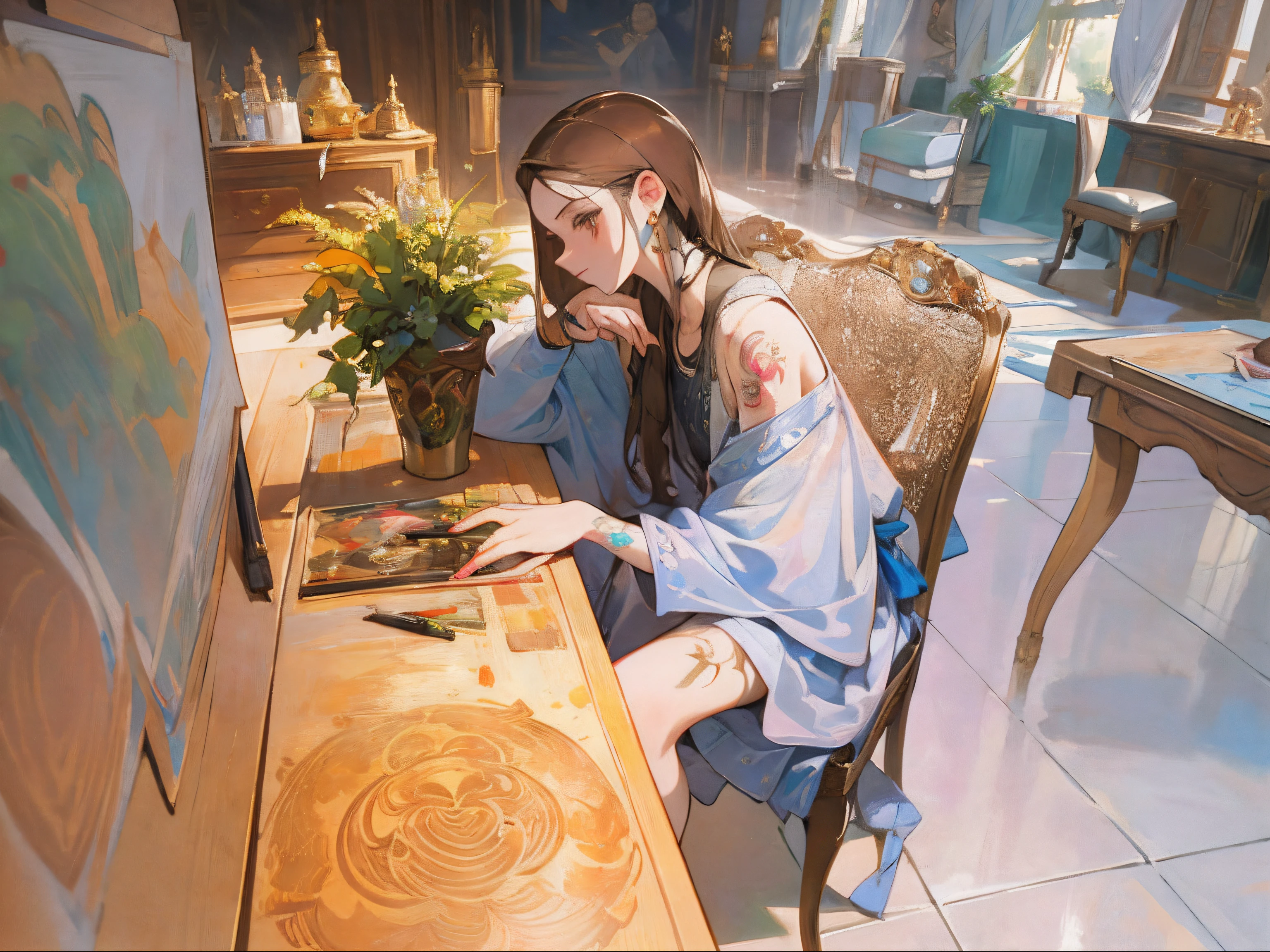 tmasterpiece,Need,The best beautiful girl,Extremely beautiful,World Masterpiece Theatre,super-fine,Need,Need,brunette color hair,A high resolution,Need,1girll,Need,illustratio,looking at viewert,Tattoo pen in hand uninhibited, canvas, oil painted, Realistic, Realist,Real,