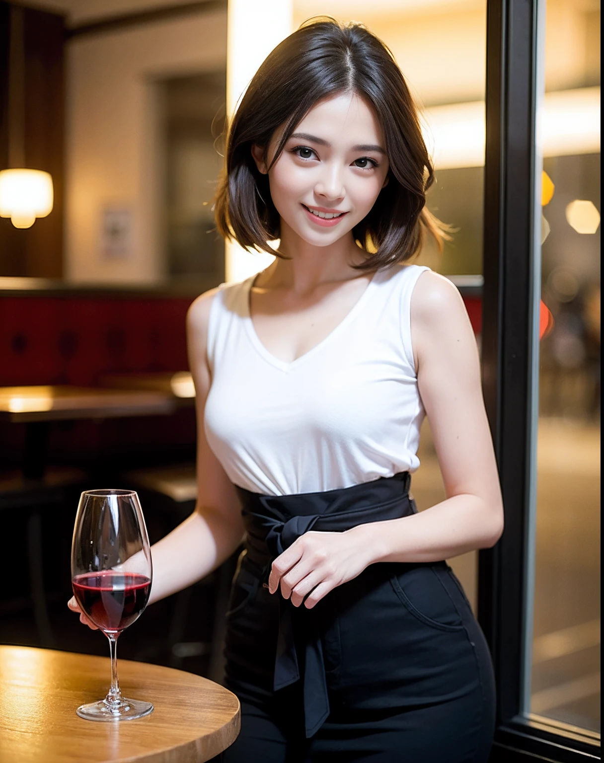 (64K, UHD, top quality, masterpiece: 1.2), (realistic, photorealistic: 1.37), super detailed, pretty woman 1 person, (slim face), (slim body), (brown hair), (short cut), cheeks slightly blushing, (44 years old), 38 years old, solo, beautiful detailed urban night view outside the window, restaurant, wine glasses sit, at night, in a prominent placeNovaFrogStyle, Actress, Model, Waist Up, White Wine, Slim, Wine Glass, Super Clean Night View, Wine Glass Put in the Middle, Happy Smile, (Smile: 1.15), Beautiful Fine Eyes, Upper Body, Bust Japan Up, Night, Short, Short, Actress, Model, Waist Up, White Wine, Slim, Wine Glass, Super Clean Night View, Wine Glass Put in the Middle, Happy Smile,