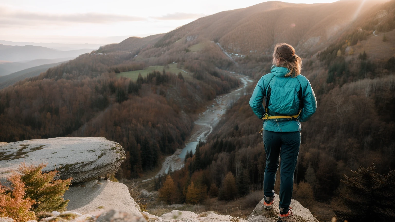 there is a woman standing on a rock looking out over a valley, girl standing on mountain, girl standing on cliff, solo hiking in mountains trees, girl walking on mountain, standing on mountain, hiking clothes, looking at the mountains, standing on top of a mountain, standing on a mountain top, beautiful views, standing on a cliffside, girl walking on cliff
