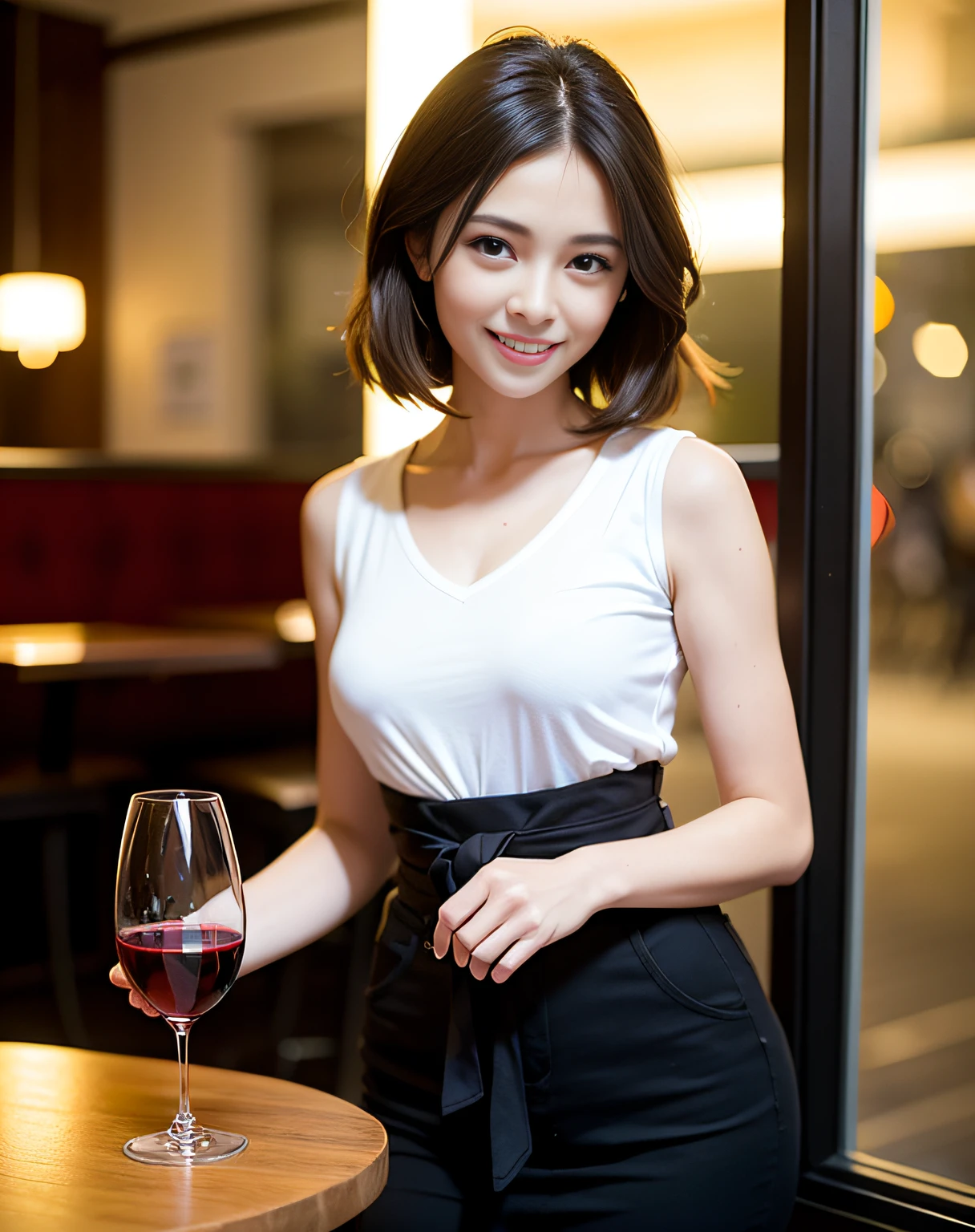 (64K, UHD, top quality, masterpiece: 1.2), (realistic, photorealistic: 1.37), super detailed, pretty woman 1 person, (slim face), (slim body), (brown hair), (short cut), cheeks slightly blushing, (44 years old), 38 years old, solo, beautiful detailed urban night view outside the window, restaurant, wine glasses sit, at night, in a prominent placeNovaFrogStyle, Actress, Model, Waist Up, White Wine, Slim, Wine Glass, Super Clean Night View, Wine Glass Put in the Middle, Happy Smile, (Smile: 1.15), Beautiful Fine Eyes, Upper Body, Bust Japan Up, Night, Short, Short, Actress, Model, Waist Up, White Wine, Slim, Wine Glass, Super Clean Night View, Wine Glass Put in the Middle, Happy Smile,
