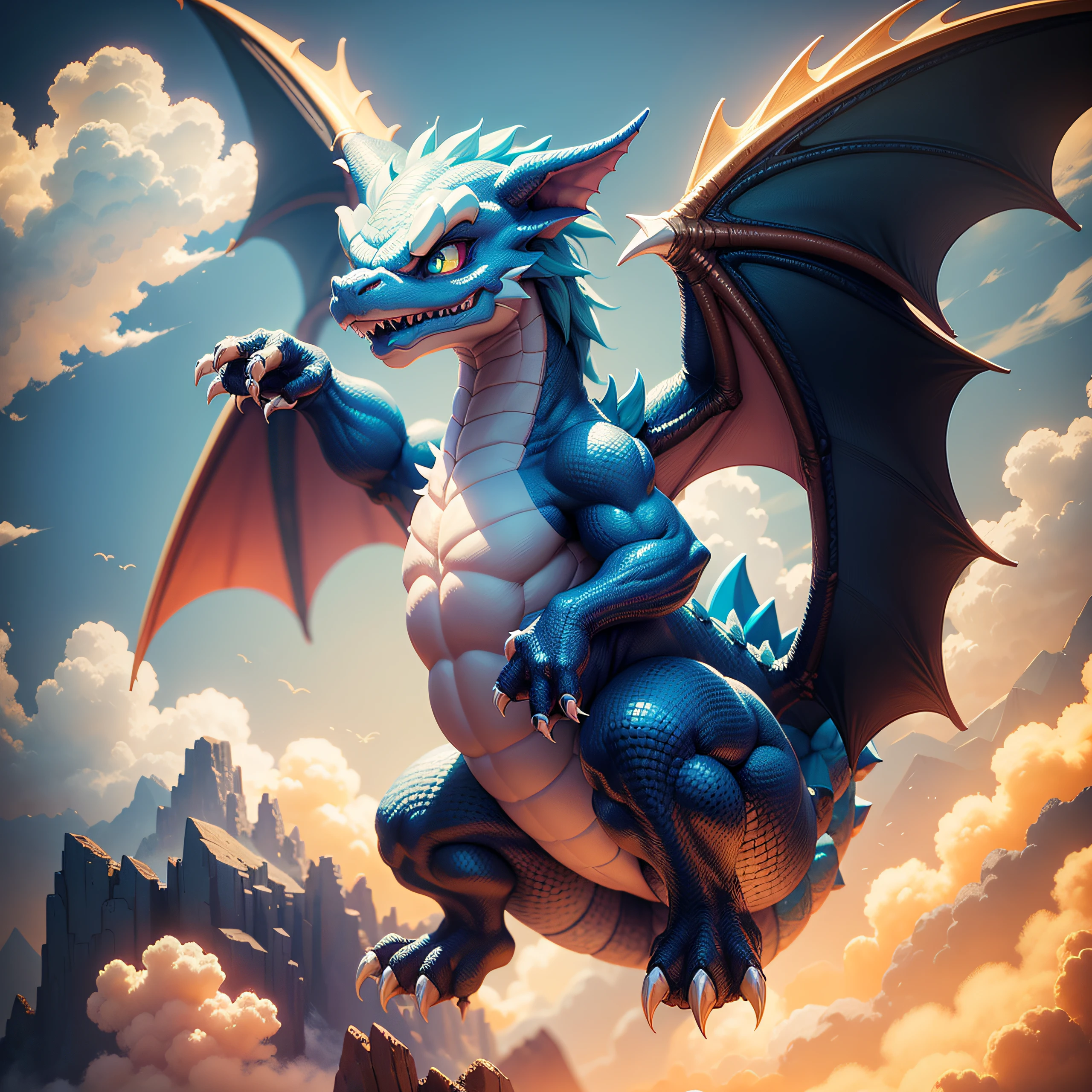 Pixel game, Game Character Design, The good dragon smiles and looks happy (4 paws, 2 wings), Pixel Mountains, Pixel clouds,16-bit pixel art, 3D Rendering, Octane Render, axonometry, bright colours, Texture smoothing, dinamic lighting