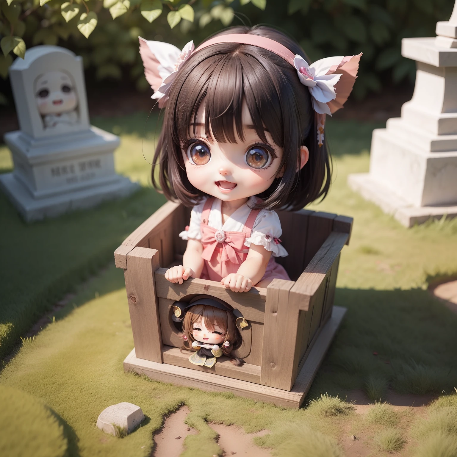 Cute Baby Chibi Anime,（（（Super masterpiece、top-quality、ultra-detailliert、1 girl in、Chibi：1.*****ukai、Smile with open mouth、a small face、Looking at the camera、A detailed face、highdetailskin、A dark-haired、Foreign cemetery in fairytale country、⚰️ Sit in a coffin（Chibi：1.4）