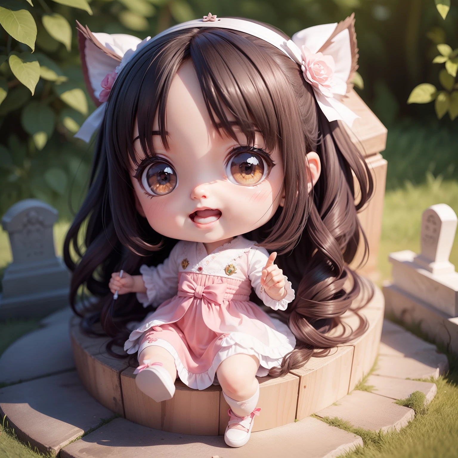 Cute Chibi Anime,(((Super masterpiece、top-quality、ultra-detailliert、1 girl in、Chibi:1.5))youkai、Smile with open mouth、a small face、Looking at the camera、A detailed face、highdetailskin、A dark-haired、Foreign cemetery in fairytale country、⚰️ Sit in a coffin(Chibi:1.4)