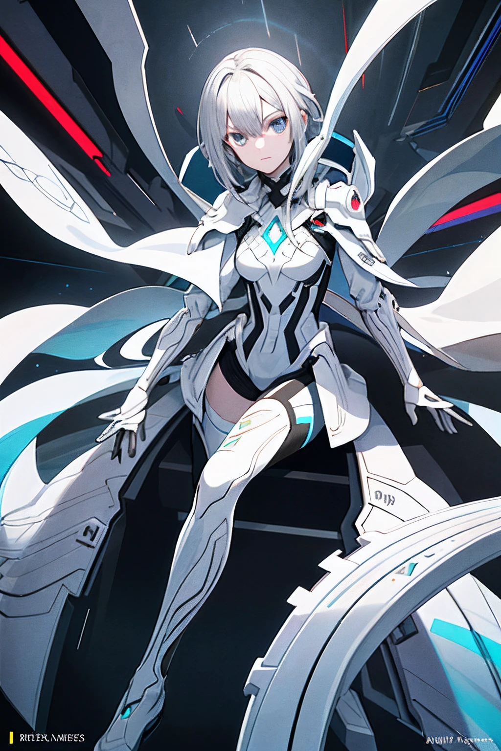 (one anime girl, glasses, white short hair, huge breasts, white futuristic suit, watching on viewer, shy pose), ((white background)),(((in full growth,full body)))