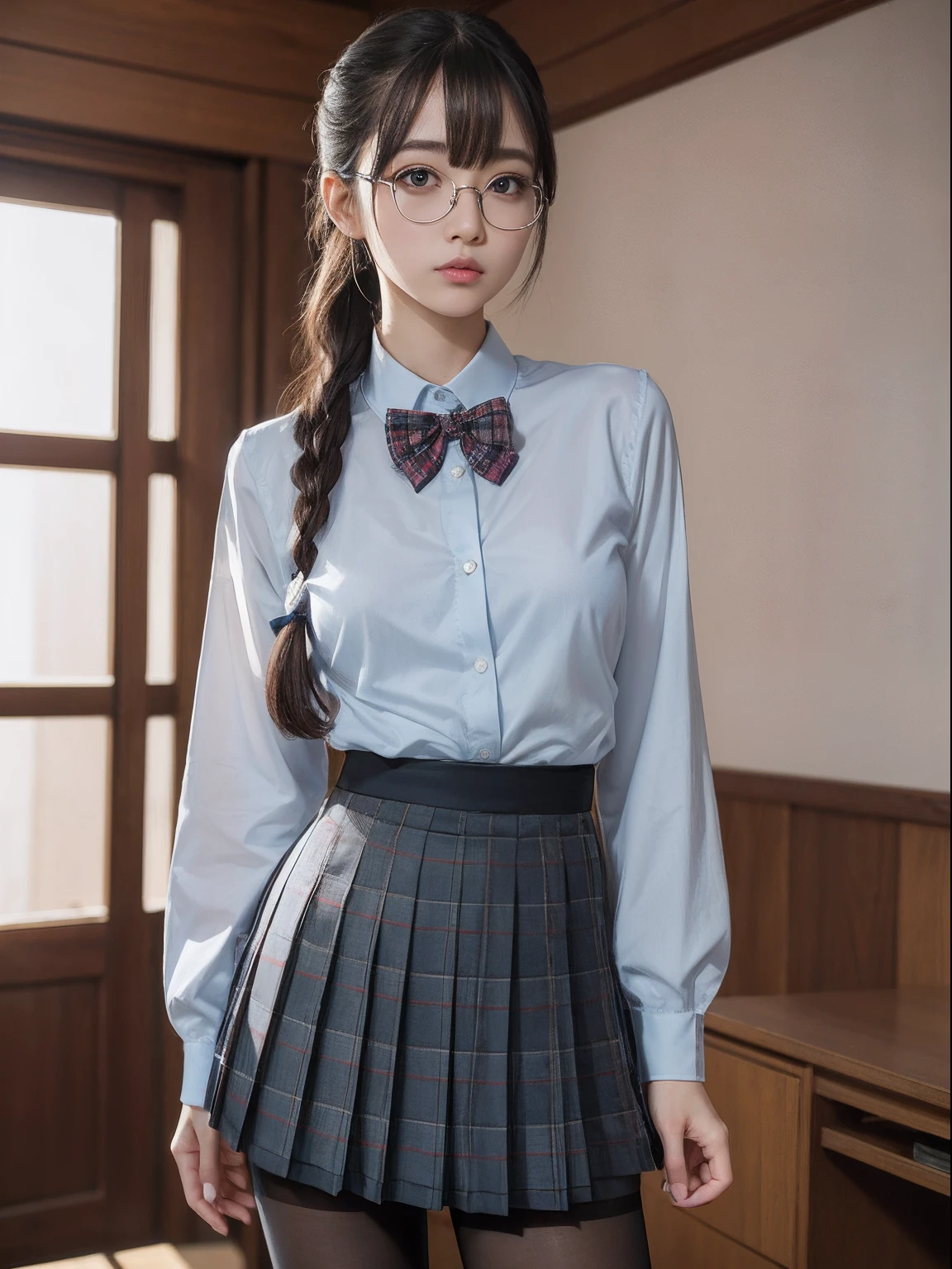 (Long ponytail),(Underwear is visible),(8K、Raw photography、top-quality、masterpiece:1.2),pigeon chest,glamor,Chromo-white skin,cocky,School,watching at viewers,Looking at the front,Muchimuchi,High-pitched clothing,Erotic,Pupils,de pele branca,kne,((Black pantyhose)),absurderes,a small face,,Forehead visible,Bangs hanging from the left and right sides of the forehead,(a cold expression,Tight eyes,glares,Bullish,irate)、masterpiece,top-quality、超A high resolution,Raw photo,ren,Beautiful fece,One Person, 独奏,eye glass,,Dark look,Small breasts,fullllbody,Round glasses,JK school uniform,hi-school girl,A Japanese Lady,is standing,(Photorealsitic:1.37)、Photon mapping,Realistic、Beautie,Cute little face,Brown-eyed、Black socks、(Red bow tie)、Radio City、Physically Based Rendering、depth of fields、Blurry background、a picture,Body,beauty legs, Long legs, Thin leg,(Bangs are visible), hair, s lips, Blue_The eye, nosesoft,(Light blue shirt), (Navy and blue and white plaid pleated skirt), Knees are visible,Sheer clothing,, Thigh, Black cotton socks,Nogizaka Idol, 女優, Japanese ido