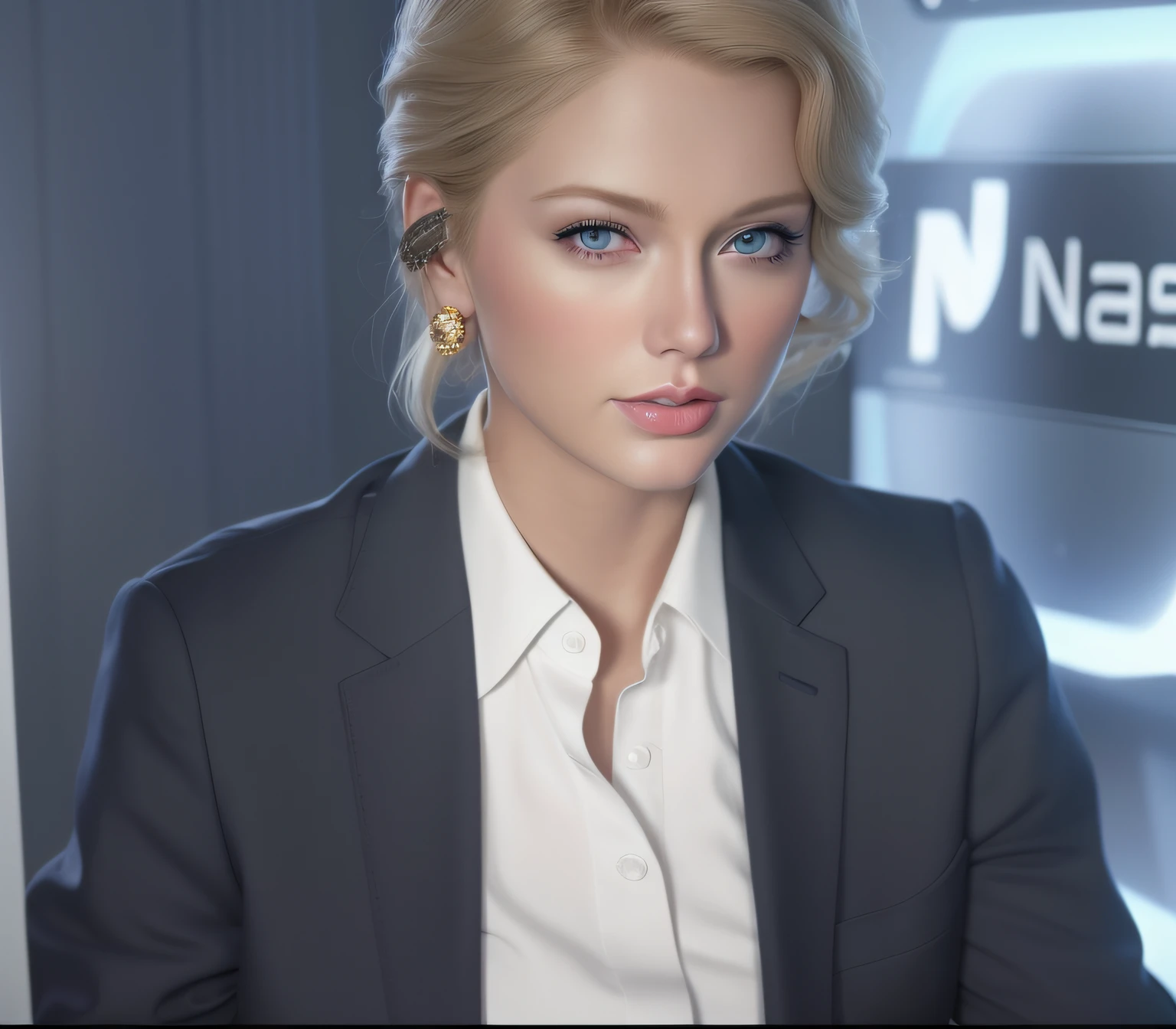 Blonde woman in suit and earrings sitting in front of a NASA sign, realistic digital painting, Very realistic digital art, Very realistic digital art, highly detailed vfx portrait, hyperrealistic digital painting, Ultra Realistic Digital Painting, realistic digital painting, a hyperrealistic schoolgirl, hyperrealistic digital painting, Blonde hair and blue eyes, hyperrealistic schoolgirl, bestquality,TaylorSwift