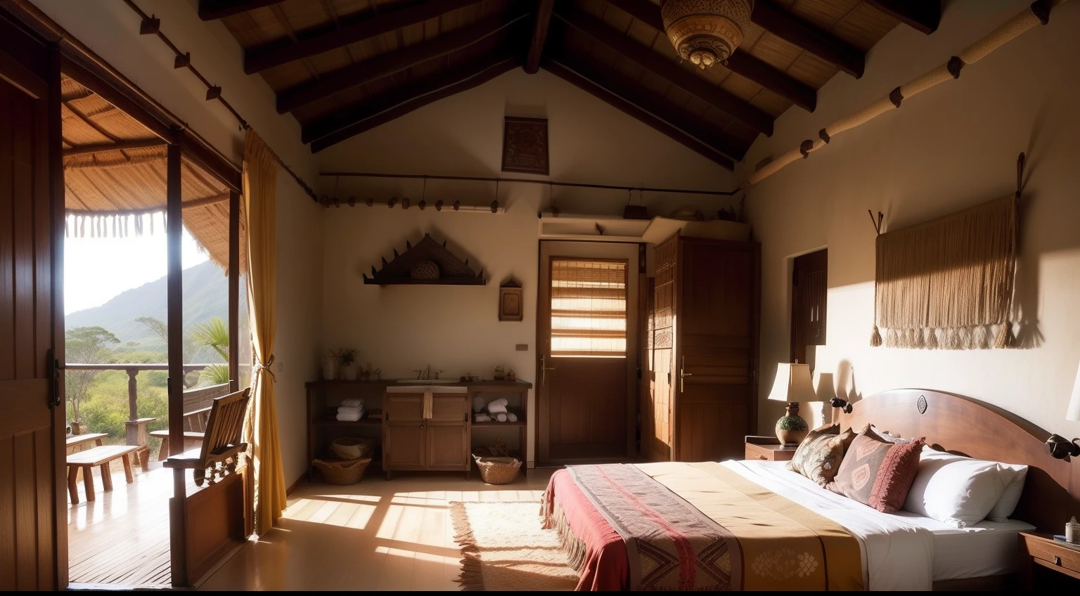 Homestay design,Tribal art style,Lots of detail,Rich soft decoration combination,One bedroom with bathroom facilities,