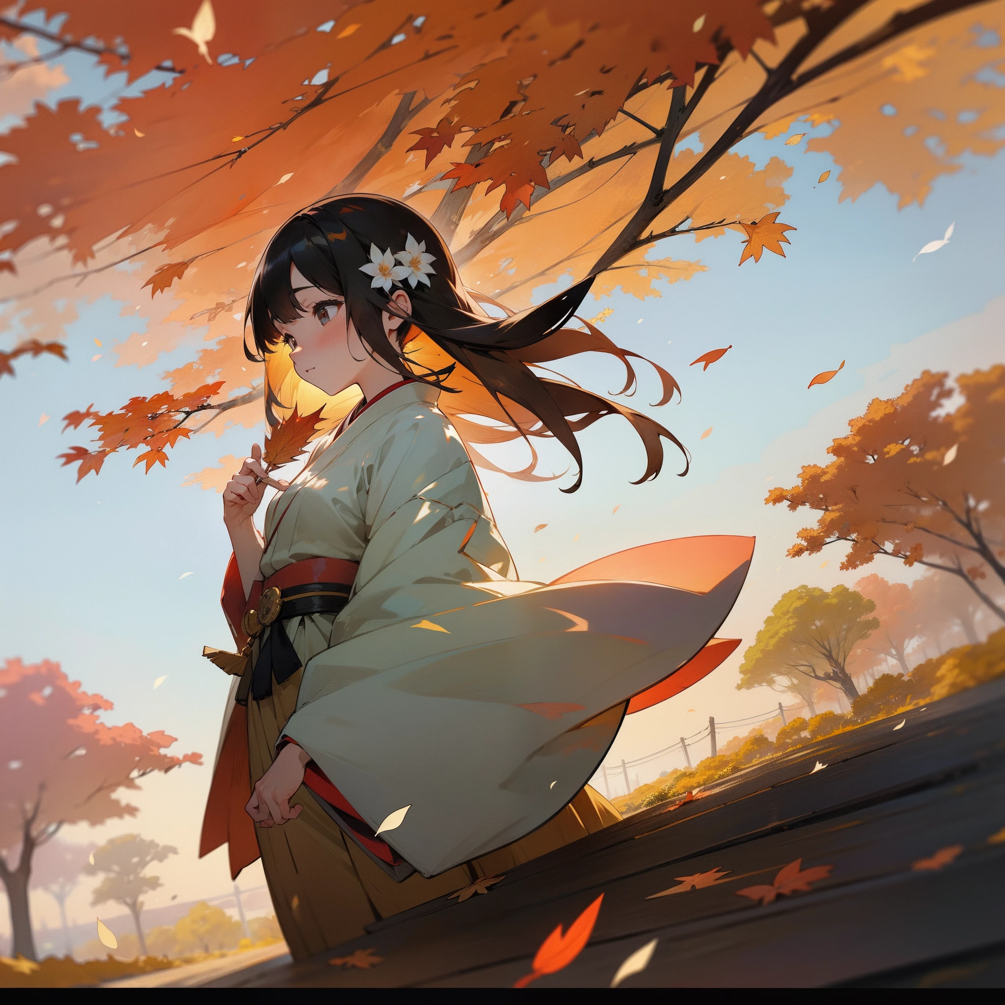 In the soft light of the evening、Woman in Japanese clothes walking on the road where autumn leaves fall。Every time her sleeve flutters in the wind、Flower language of autumn leaves「Key Promises」Reminds。It looks like、It was as if I was visioning the story of an era with the vows of the past hidden in my heart.。