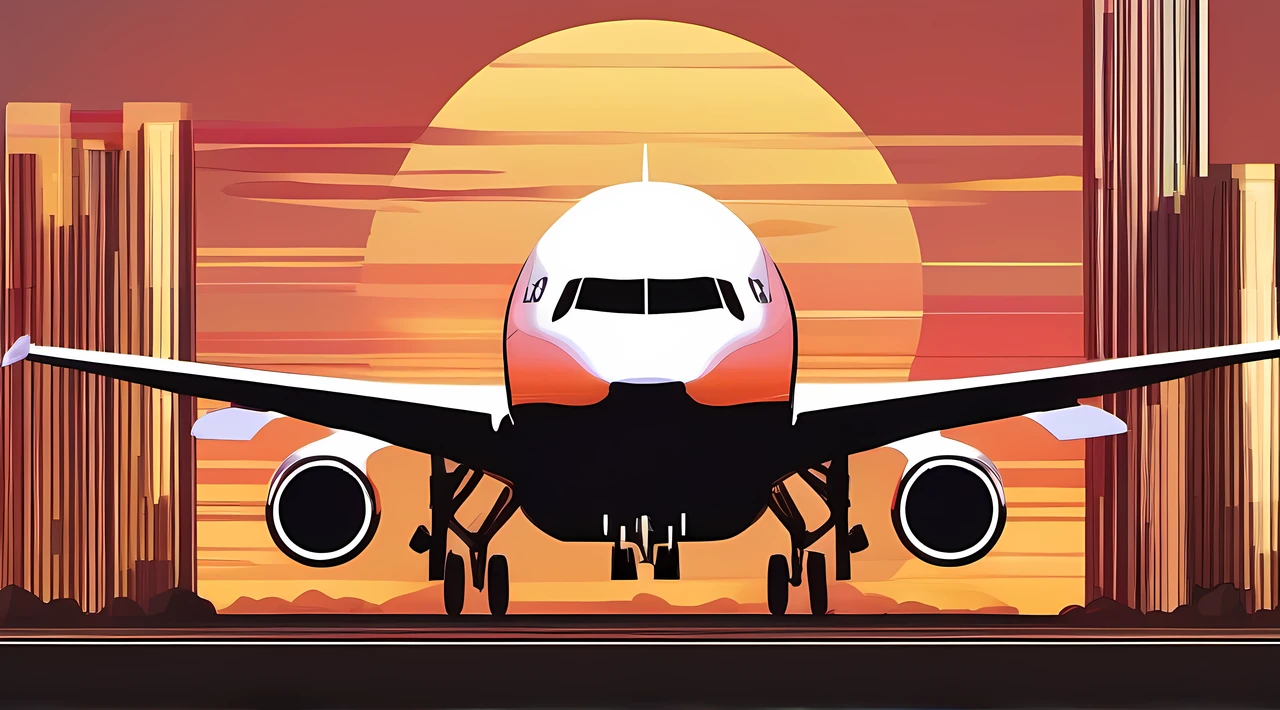 Illustration inspired by the opening of the Friday Roadshow、Location、Mare、At the venue、A ship is passing by、Big sunset on the horizon、Very big sunset、A passenger plane is passing in front of the setting sun、Silhouette of a passenger plane、Airliners are、B-747、Dyed background of sunset、Very nicely dyed background、