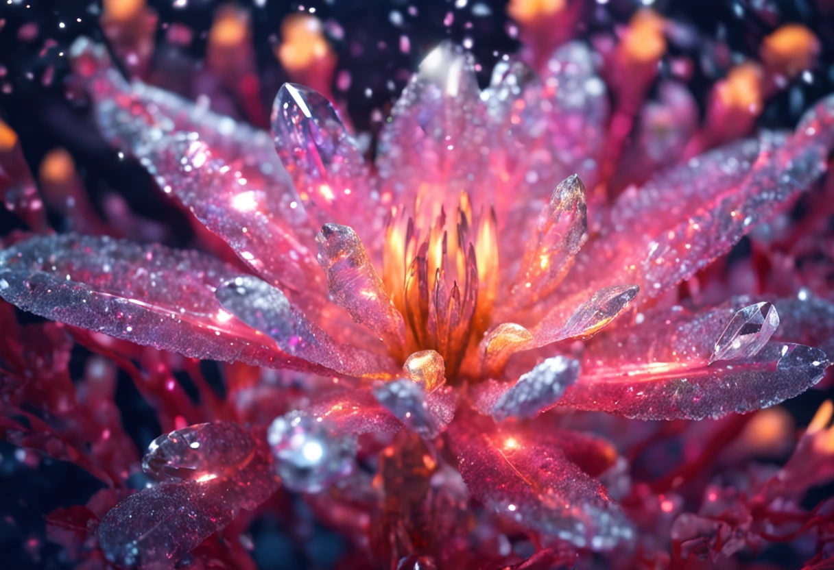 Crystal flowers, fanciful, milky ways, cleanness, Sparkling, Sparkling, Shining, Coloring, magic photography, The lighting is dramatic, Foto realism, ultra - detailed, 4K, depth of fields, A high resolution