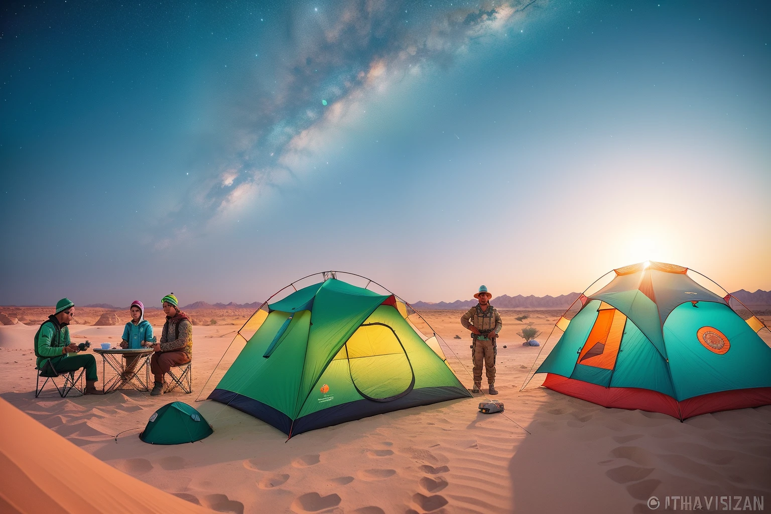 Year: 2023
Country: Turkmenistan
Description: Against the backdrop of the awe-inspiring Darvaza Gas Crater, a group of three adventurous friends, each wearing quirky, coordinated outfits, set up a campsite under the stars. A colorful tent and an array of vintage camping gear lend a unique charm to the otherwise rugged desert setting.