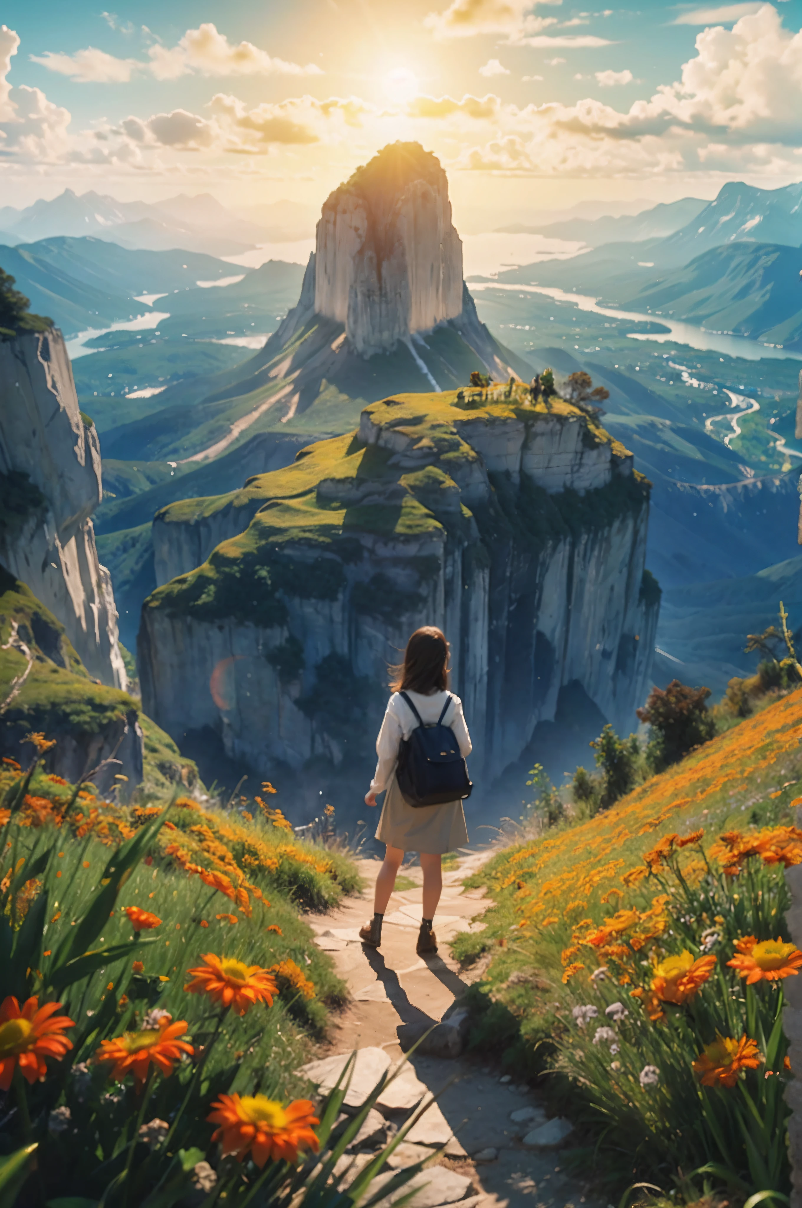 lanscape, 8k potrait of beautiful landscape with sgirl standing back with brown hair, rule of third photography, intricate, elegant, realistic depth of field photography, perfect natural lighting (masterpiece, sidelighting, finely detailed beautiful cliff), realistic leav, realistic cloud, realistic lake, realistic sky, beautiful sky, ray of light, rule of third photography, point of interest photography, perfect lanscape color tone, realistic standing girl, realistic moss, realistic grass, realistic stone, realistic climb, realistic tree, best lanscape color tone, realistic land, strong texture, add grain, render with redshift, realistic shadow, best of saturation, realistic shoe, best pixel of image, wood, big sun