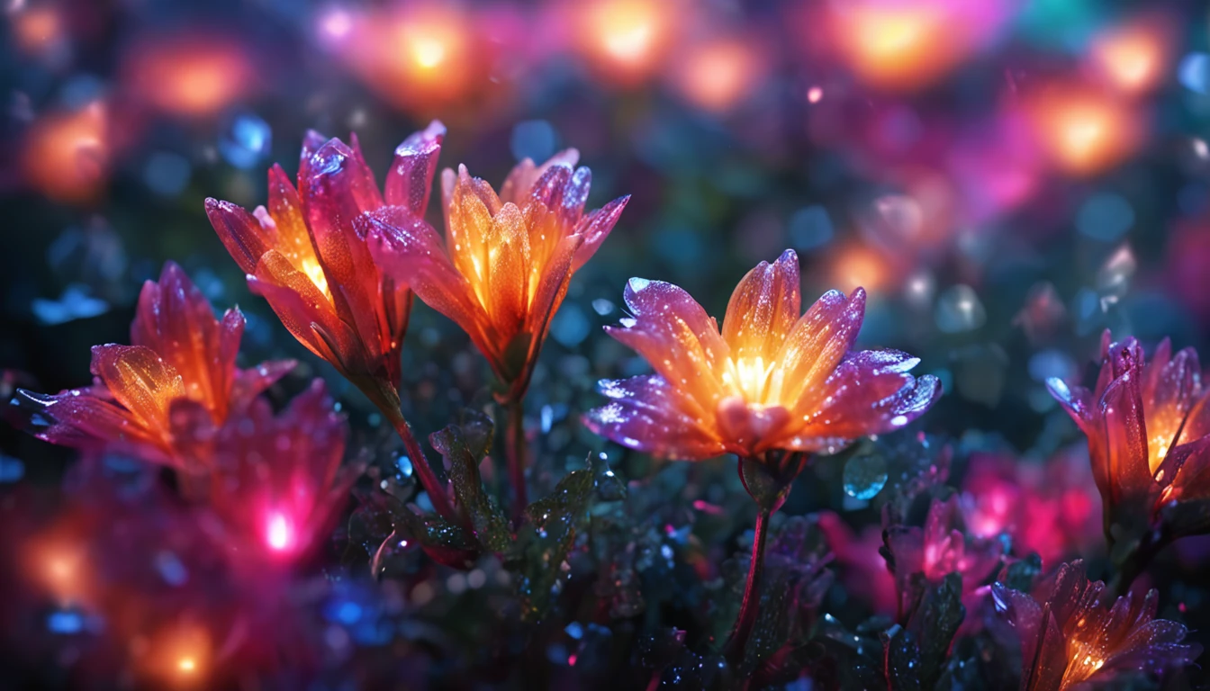 Crystal flowers, fanciful, milky ways, cleanness, Sparkling, Sparkling, Shining, Coloring, magic photography, The lighting is dramatic, Foto realism, ultra - detailed, 4K, depth of fields, A high resolution