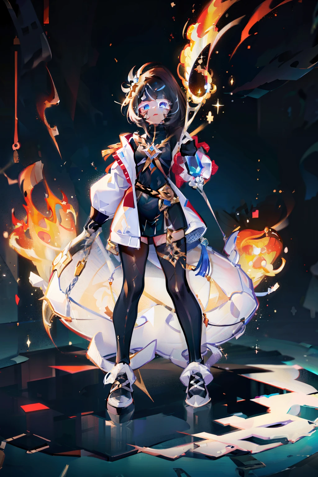 Illustration, UHD, retina, masterpiece, accurate, anatomically correct, super detail, high details, high quality, award winning, best quality, highres, good anatomy, 1080P, HD, 4K, 8k, 16k, 1girl, dynamic pose, androgynous, full body, detailed eyes, detailed clothes, detailed hair, rendering, 2 hands, 5 fingers, 2 legs, white background, long black hair, chopped bangs, long bangs, wearing a white jacket turtle neck puffy, wearing black leggings