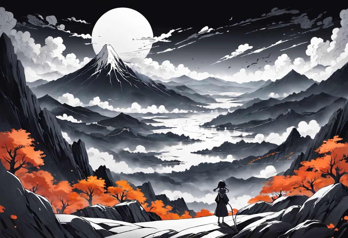 Black and white stick figure landscape and character landscape background, People are looking at the mountains, rivers and the sea of clouds, Exquisite traditional paper-cutting art, Black and white traditional style, pencil and ink manga drawing, Black and white coloring