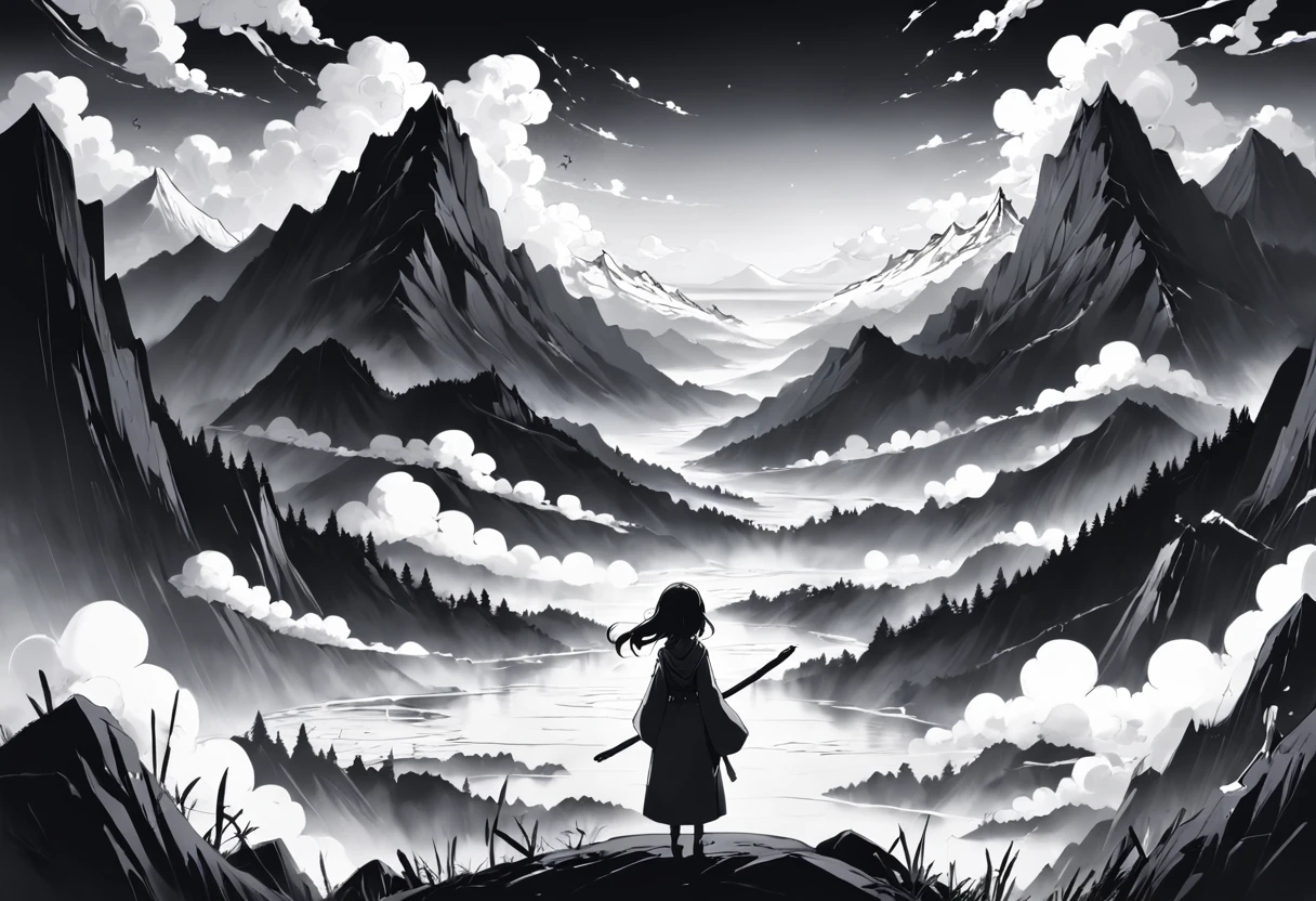 Black and white stick figure landscape and character landscape background, People are looking at the mountains, rivers and the sea of clouds, Exquisite traditional paper-cutting art,  Black and white traditional style, pencil and ink manga drawing, Black and white coloring